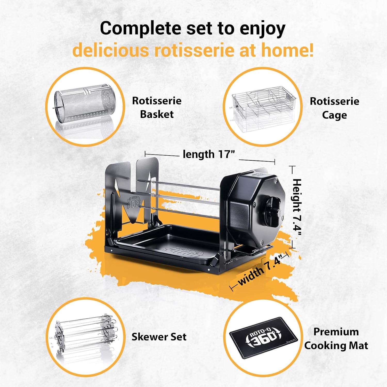 ROTO-Q 360 Family Rotisserie Kit – Non-Electric Wind-Up Spit Roaster with Basket, Flat Cage, Skewer Set & Mat for Grill, Oven, Smoker, Portable BBQ Cooking, Tailgating, or Camping Use