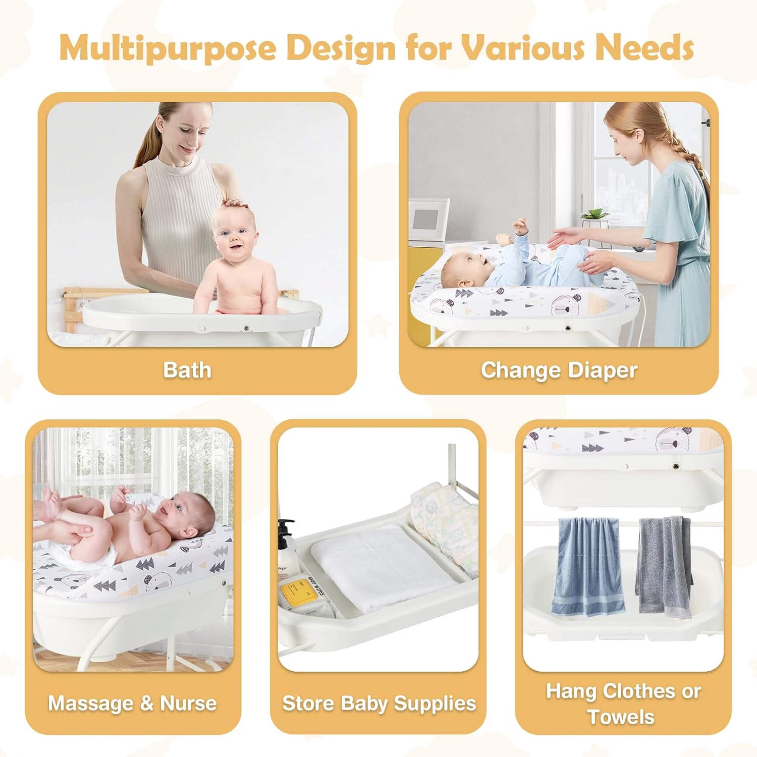 HONEY JOY 2-in-1 Baby Bathtub & Changing Table, Foldable Infant Diaper Changing Station with Wheels, Storage Tray, Waterproof Pad, Portable Newborn Nursery Organizer Bath Stand for Boys Girls (White)