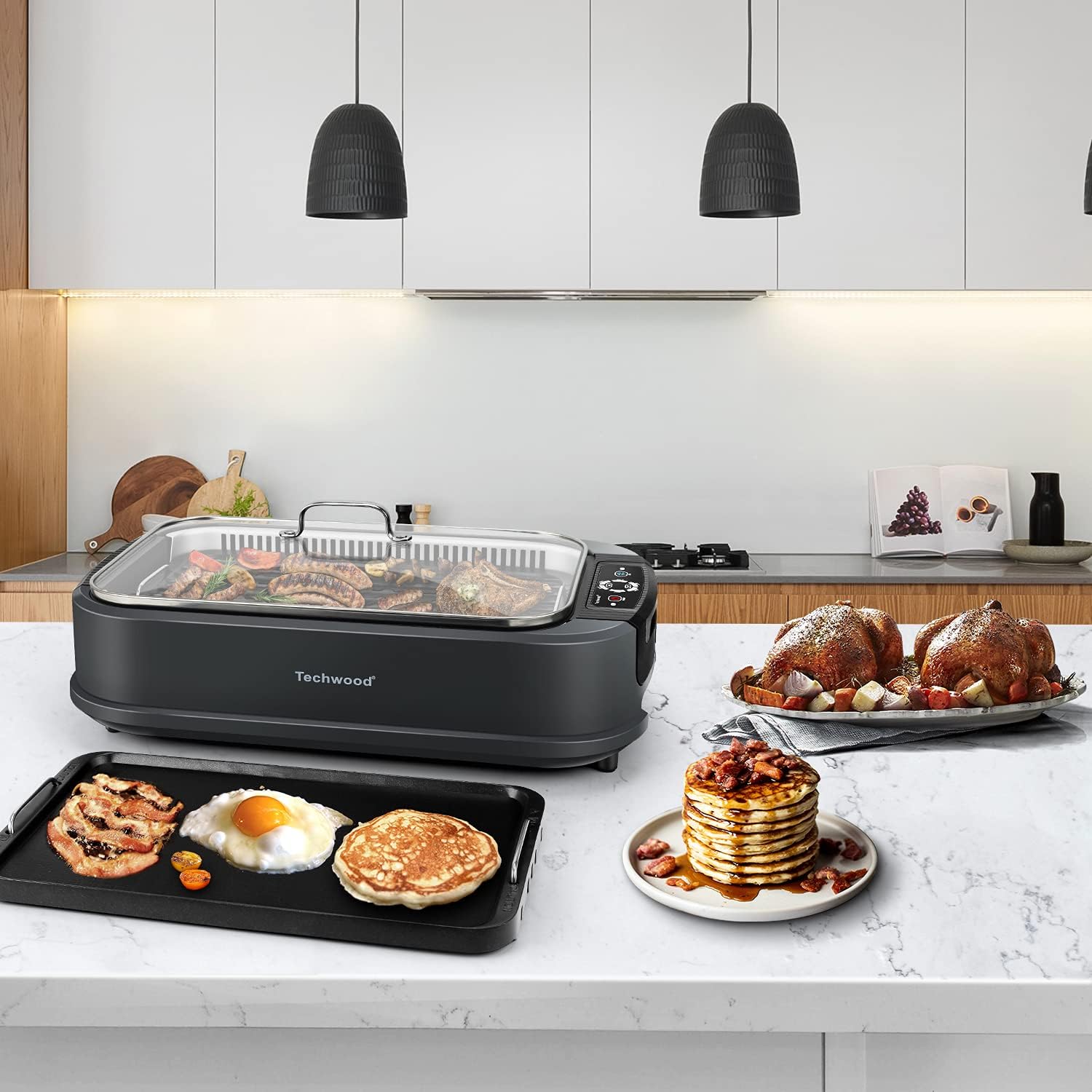 Indoor Grill, Techwood 1500W Smokeless Electric Grill with 2 in1 Nonstick Grill/Griddle Plates, Portable Korean BBQ Grill with 6-Level Control, Glass Lid, Dishwasher Safe, Double Plates, Gray