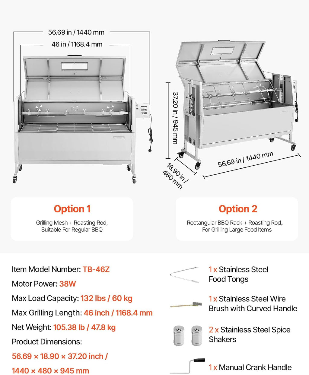 VEVOR Rotisserie Grill, 46in BBQ Outdoor Pig & Lamb Spit Roaster, Charcoal Spit Roaster with 132 LBS Capacity, Wheels & 4-Level Height, Stainless Steel Rotisserie Grill Kit for Camping Outdoor Parties