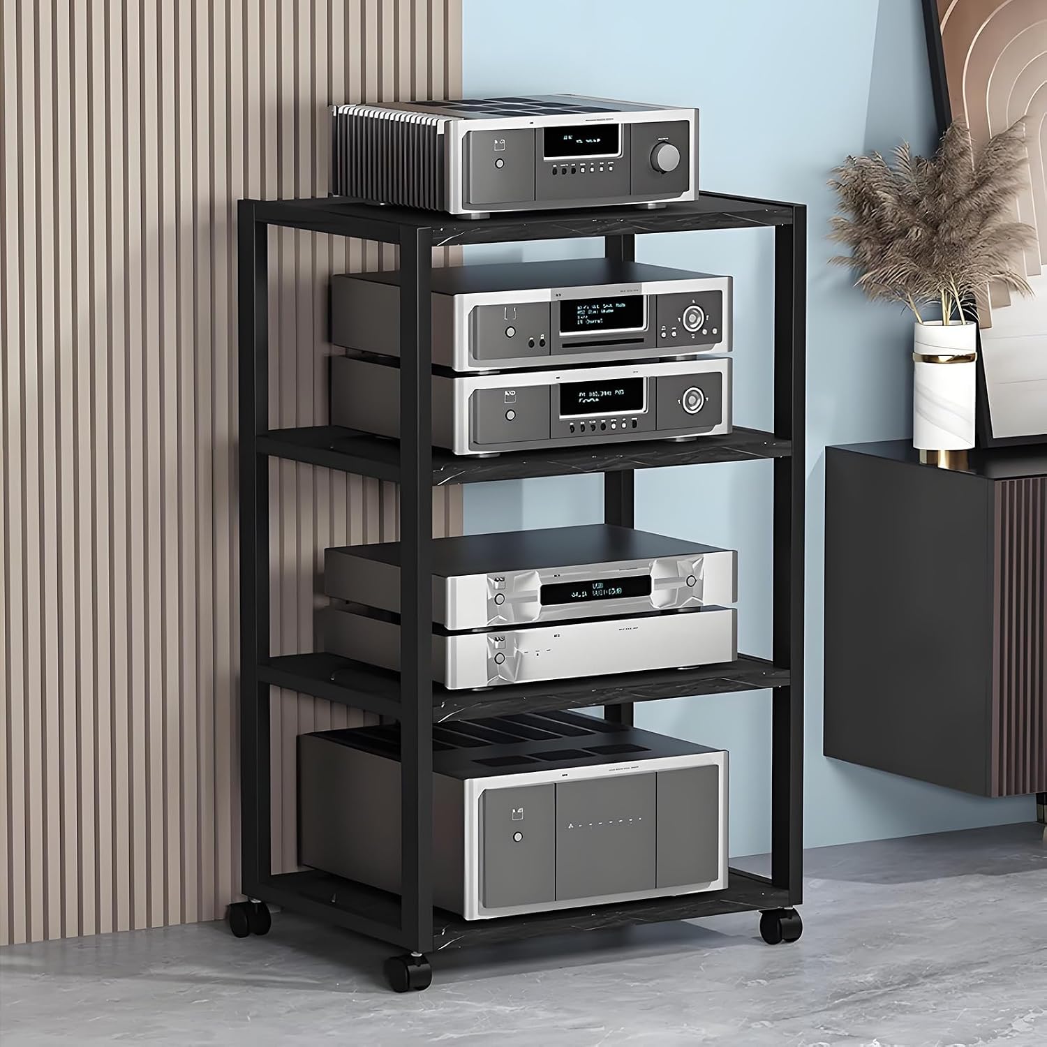 5-Tier AV Media Stand, Multi-Layer Audio Rack, Floor-Standing Stereo Cabinet, Corner Entertainment Center, White Audio Tower for Home Theater, 19.6' x 15.4' x 27.1'