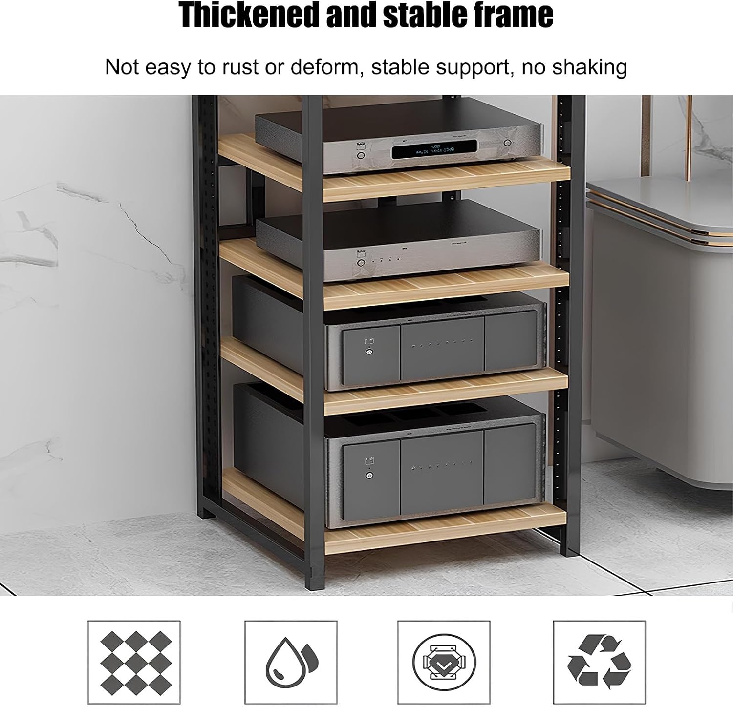 Heavy-Duty Audio Video Rack - 4 Tier Metal Frame Stereo Stand for Home Theater, Gaming, Recording Studio - Open Design for Optimal Sound Quality - Bianco Finish