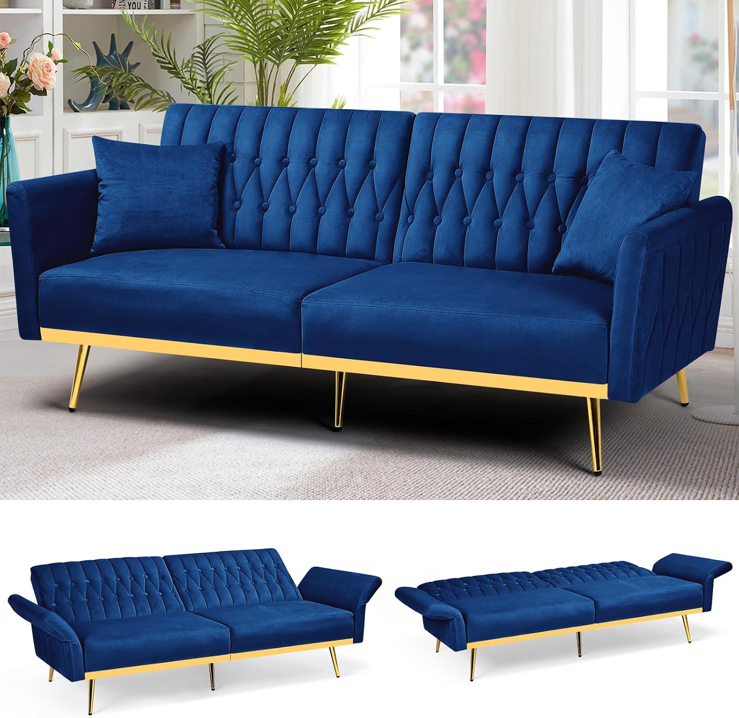70' Velvet Futon Sofa Bed w/Adjustable Armrests and Backrest, Convertible Futon Couch w/2 Pillows, Modern Sleeper Bed for Living Room, Bedroom, Blue