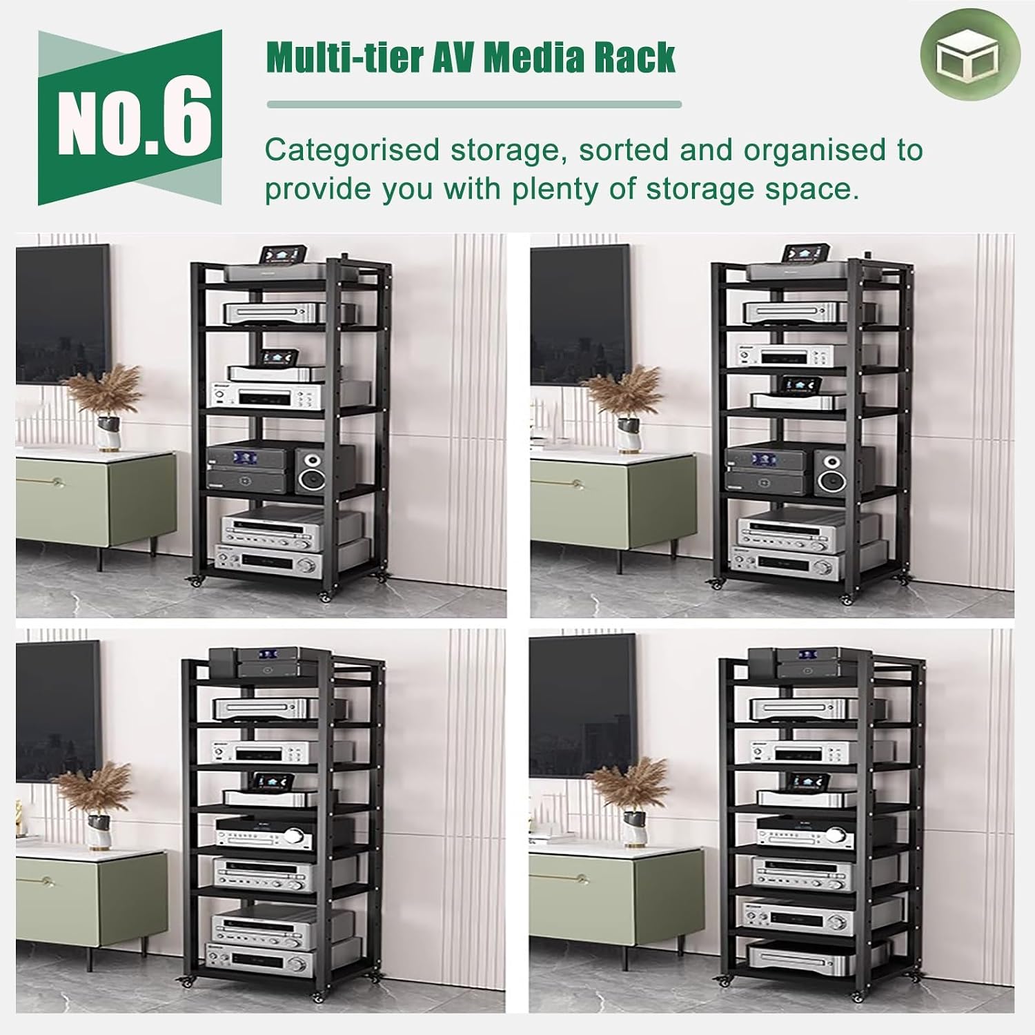 Portable Audio Equipment Rolling Cart Rack 20 24 Inch Wide, Heavy Duty Av Media Shelf for Bedroom Living Room - 5 6 7 8 Large Tier Stereo Cabinet Holder Wood(5 tier-H161cm-W50cm)