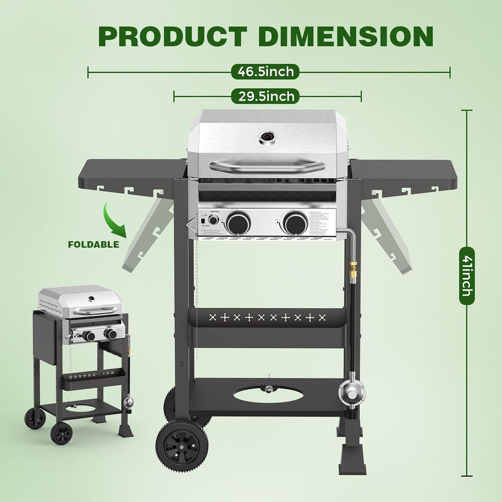 2-Burner Gas Grill, Stainless Steel 160,00 BTU BBQ Grill with Foldable Side Shelves & Storage Shelf – Ideal Propane Grill for Outdoor Barbecues, Patio Gatherings, and Camping