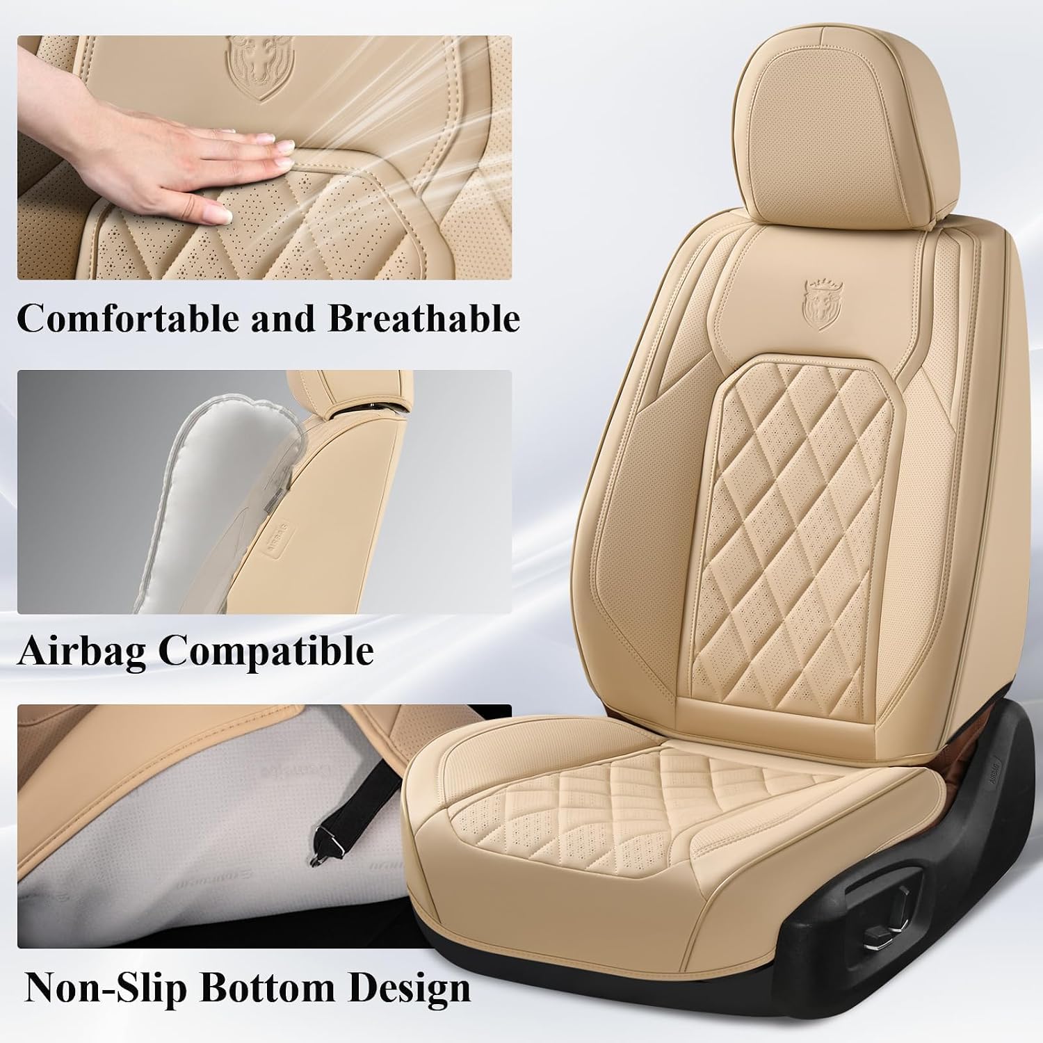 Coverado Car Seat Covers Full Set, Luxury Faux Leather Waterproof Seat Cover, 5 Seat Universal Seat Covers for Cars, Front and Back Car Seat Protector, Beige Leather Seat Cover Fit for Most Cars