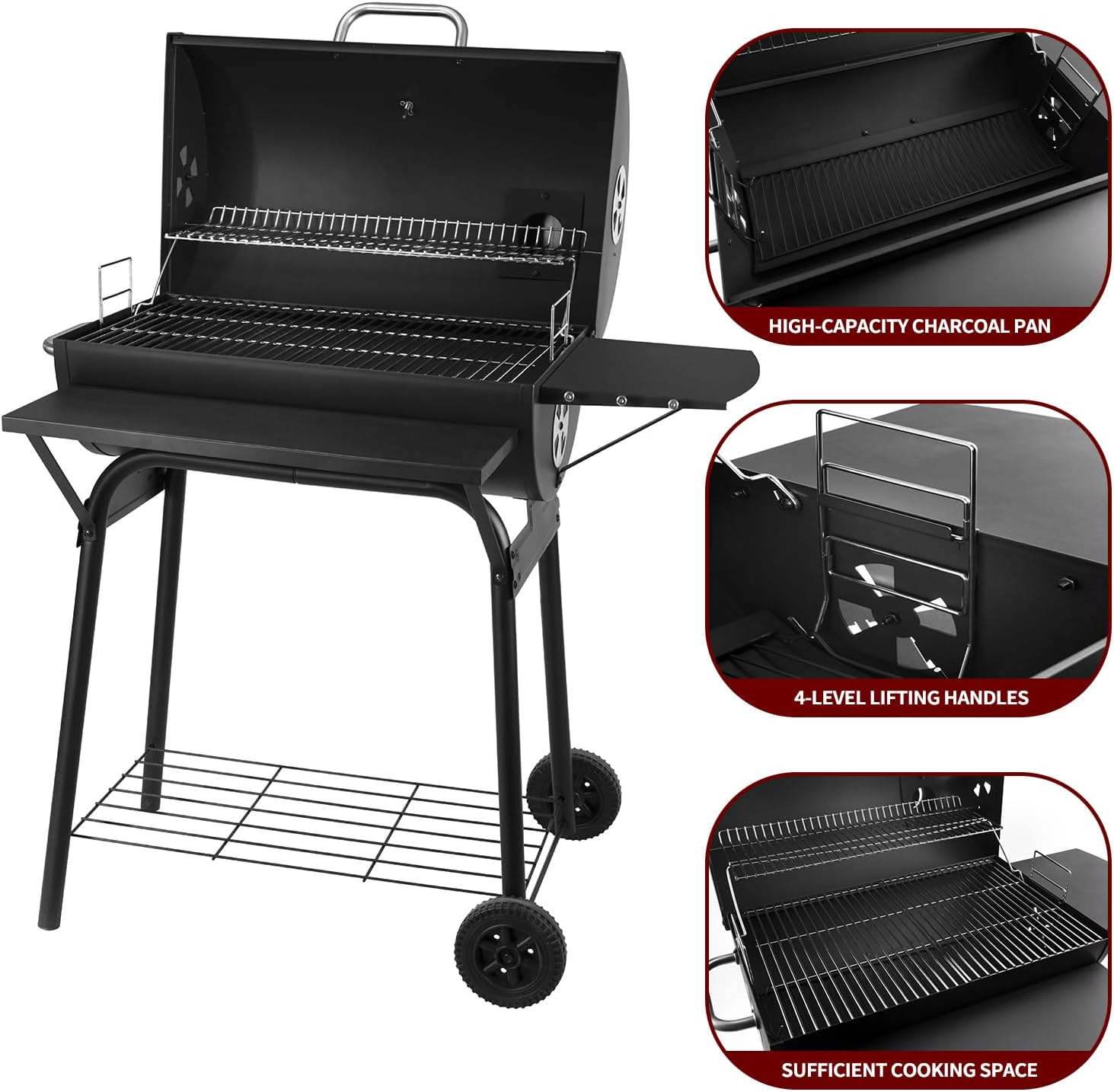 Charcoal Grill Outdoor BBQ Grill 30INCH Barrel Charcoal Grills with Side Table, 627 Square Inches, Outdoor Backyard Camping Picnics, Patio and Parties, Black by DNKMOR