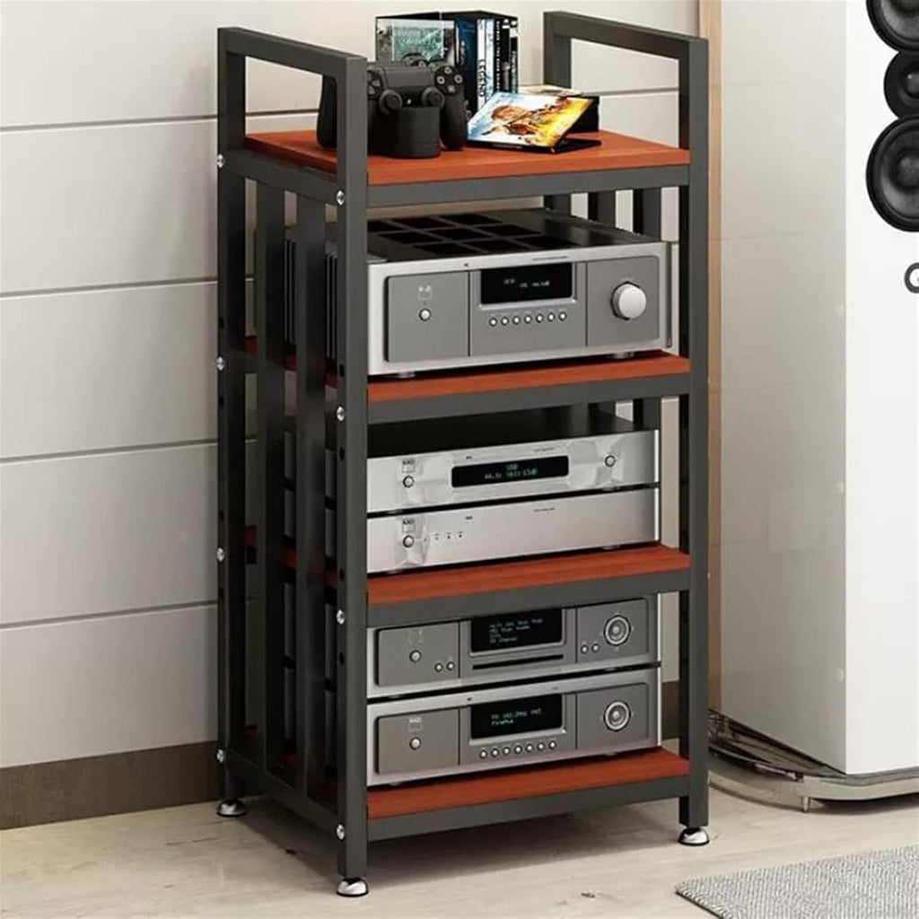 AV Media Stand,Media Stand, Audio Rack Av Stand Tower Power Amplifier Equipment Cabinet Floor-Standing Retro Storage Shelves with Height Adjustable Wooden Shelf(Black+Teak)
