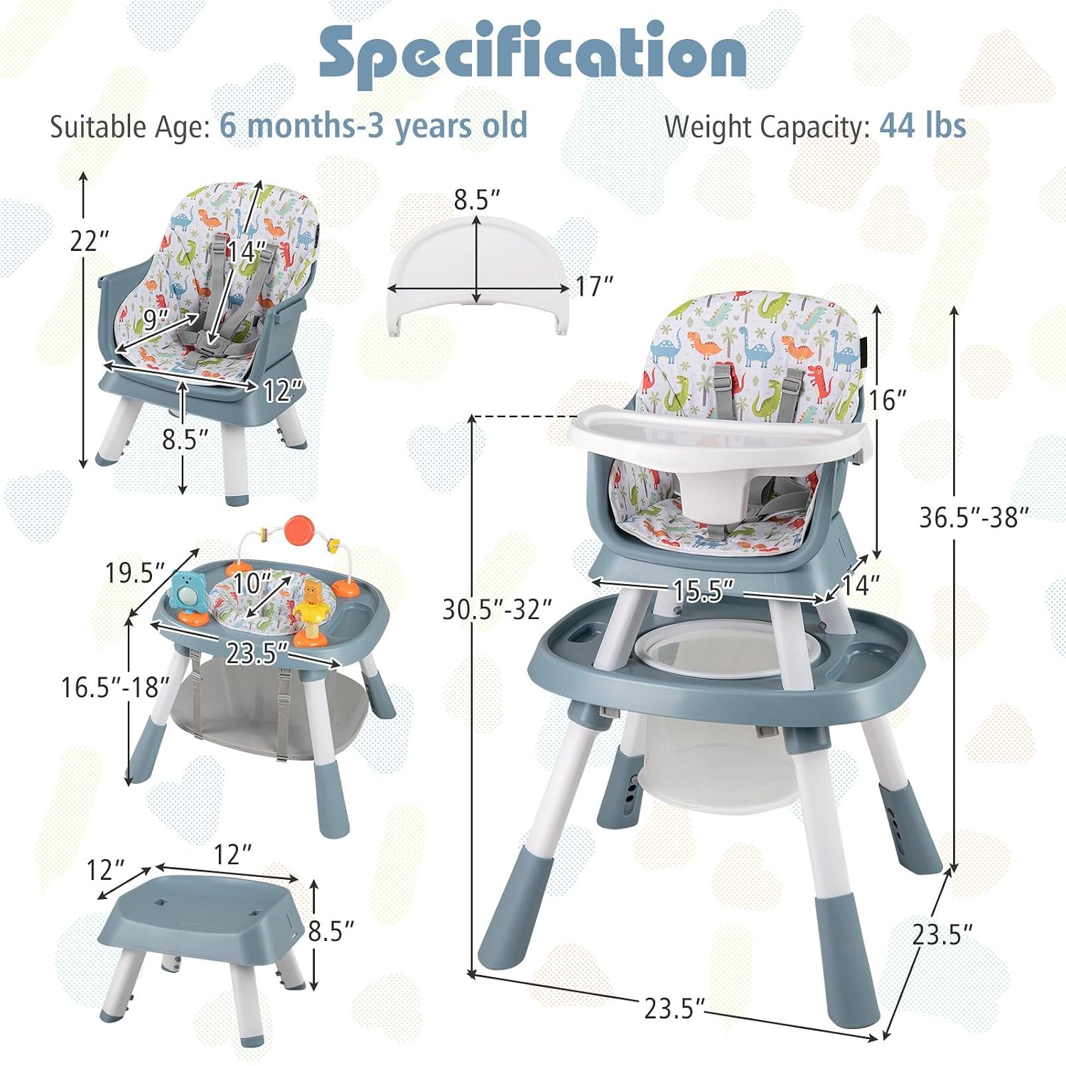 KOTEK 16 in 1 Convertible High Chair, Baby Highchair & Activity Center, Booster Seat, Building Block Table, Toddler Chair with 5-Point Harness, Removable Tray & Cushion (Blue)