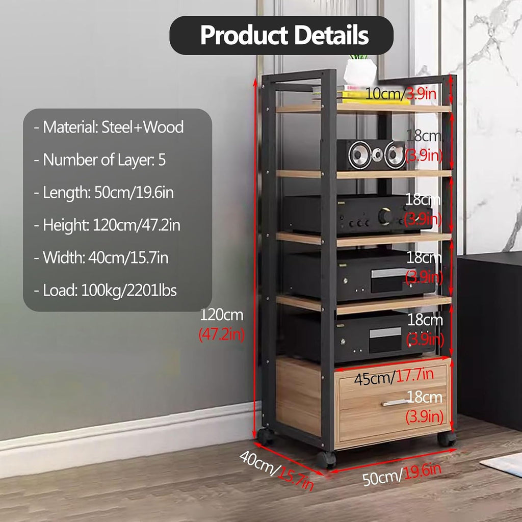 AV Media Stand Corner Shelf - Rack Audio Tower with Adjustable Shelves - 79 100 120cm Tall Shelf Stand with Wheels - Audio Equipment Rolling Cart Rack Portable for Home, 5Tiers-120cm Tall