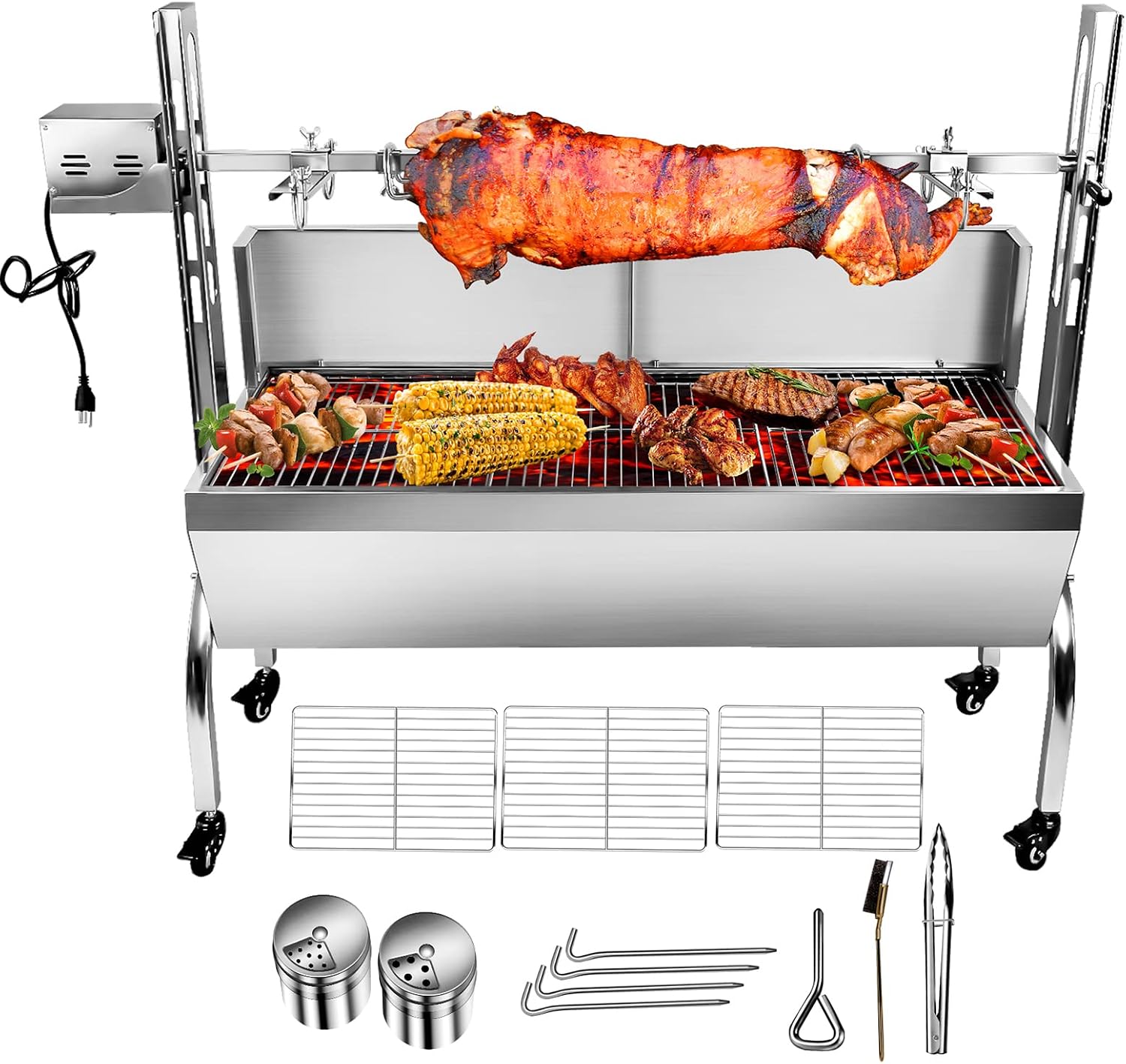 Rotisserie Grill Charcoal Spit Roaster, Stainless Steel 48.6' Pig Lamb Hooded Roaster Charcoal Spit With 25W Motor & Adjustable Height Lockable Casters For Party Barbecue,176 LBS With Baffle
