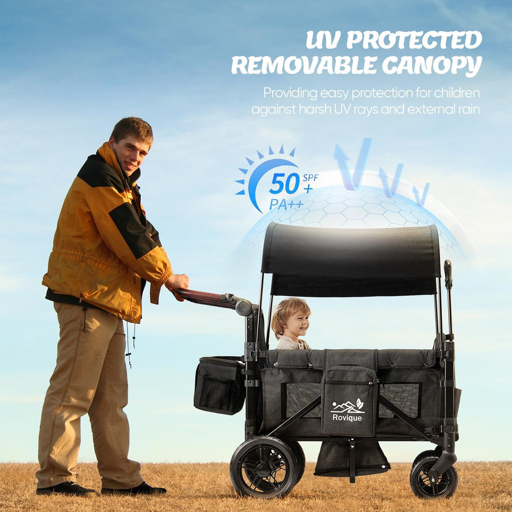 Rovique Stroller Wagon for 2 Kids,Premium Wagon for Kids with Removable Canopy,Snack Tray,All-Terrain PU Wheels & Adjustable Push/Pull Handle (Black)