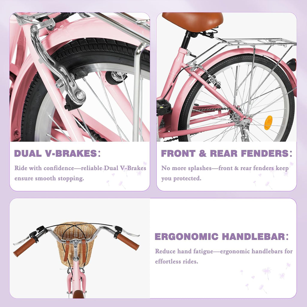 Max4out Women Bike Beach Cruiser Bike for Adult, 24 & 26 Inch Comfort Bikes with Rattan Front Basket, Womens Bicycle with Adjustable Seat and Dual V-Brake (Pink & White & Green & Purple & Black)
