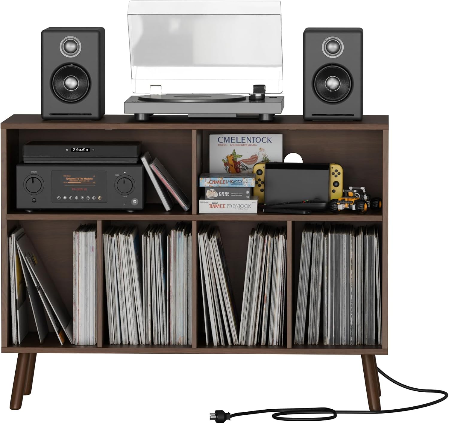 Cozy Castle Record Player Stand with Vinyl Storage Cabinet, Wood Turntable Table Open Shelf Holder Up to 350 Albums Cube Storage Organizer for Living Room, Office, Brown