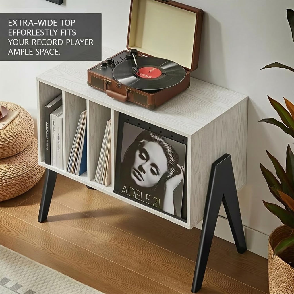 Record Player Stand with Vinyl Storage, 32' Turntable Stand with Flip-Up Album Display, Mid Century Modern White Vinyl Record Storage Cabinet, Audio Media Console Table with V-Shape Legs