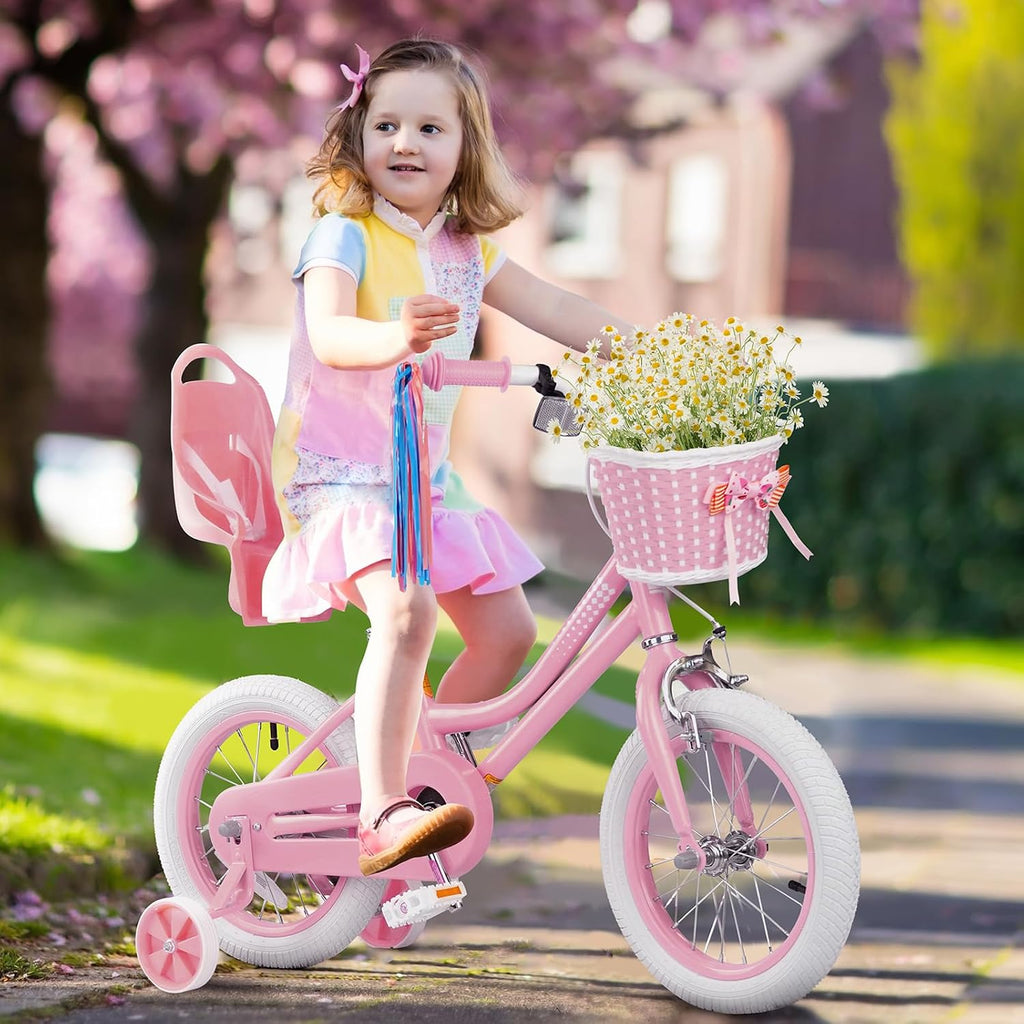 Glaf Toddler Girls Bike for Age 2-9 Years Old 12 14 16 Inch Girls Bike with Training Wheels and Doll Seat Kids Bike Bicycle with Basket