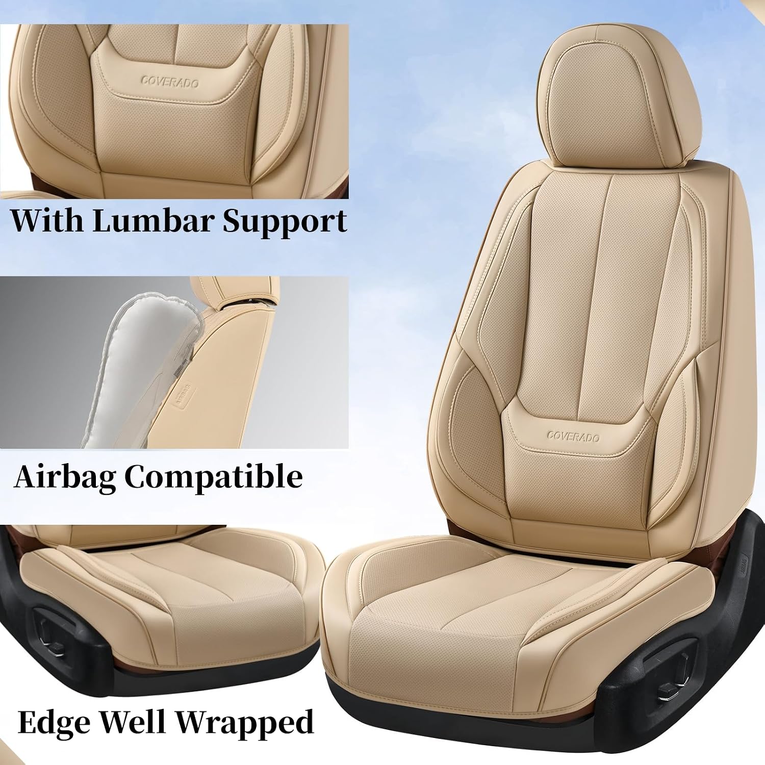Coverado Car Seat Covers Full Set, Seat Covers for Cars, Beige Car Seat Covers Front Seats and Back Car Seat Protector Waterproof, Leather Car Seat Cushion Universal Fit for Most Cars