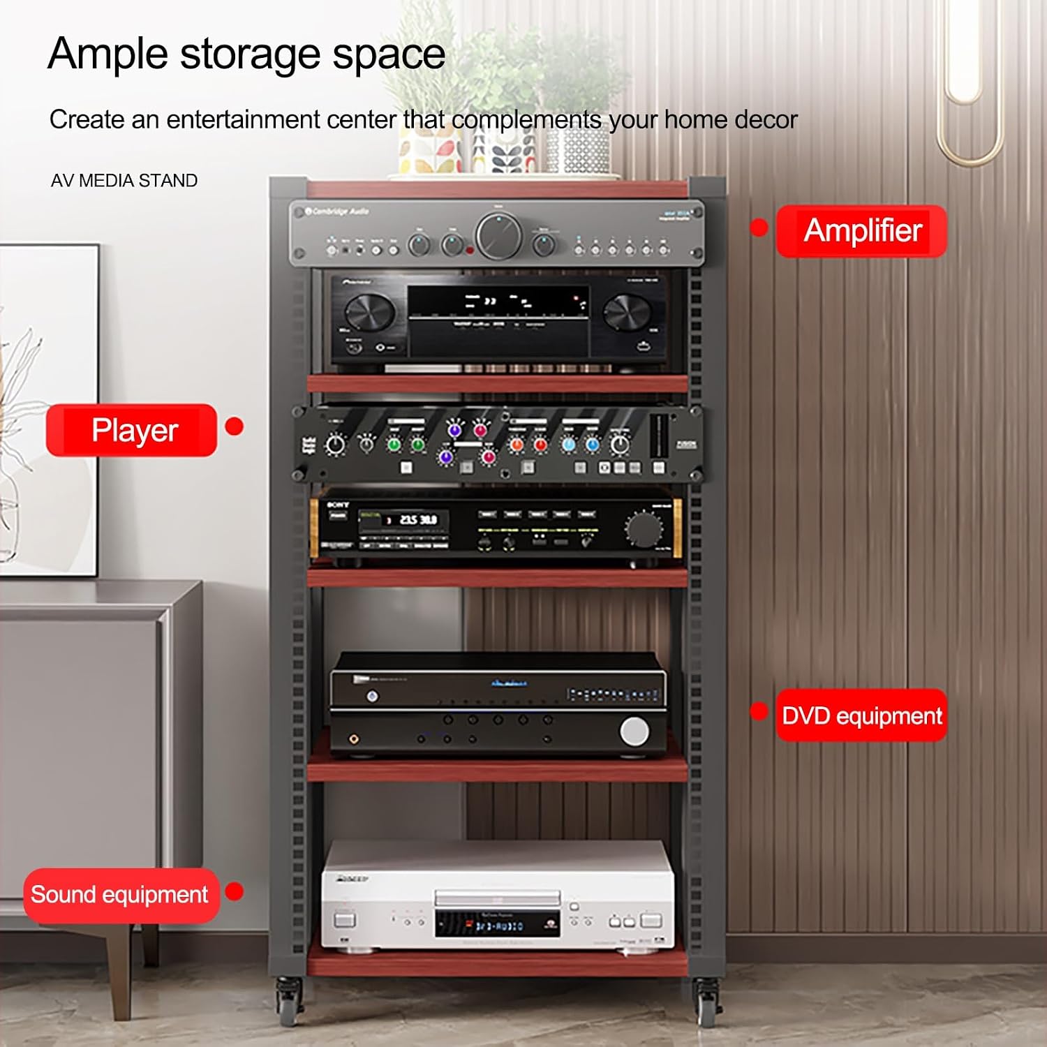 Media Console 5-TierAV Media Stand Audio Rack Tower with Adjustable Shelves, AV Equipment Cabinet Display Stand for Living/Gaming/Recording Room(Brown)