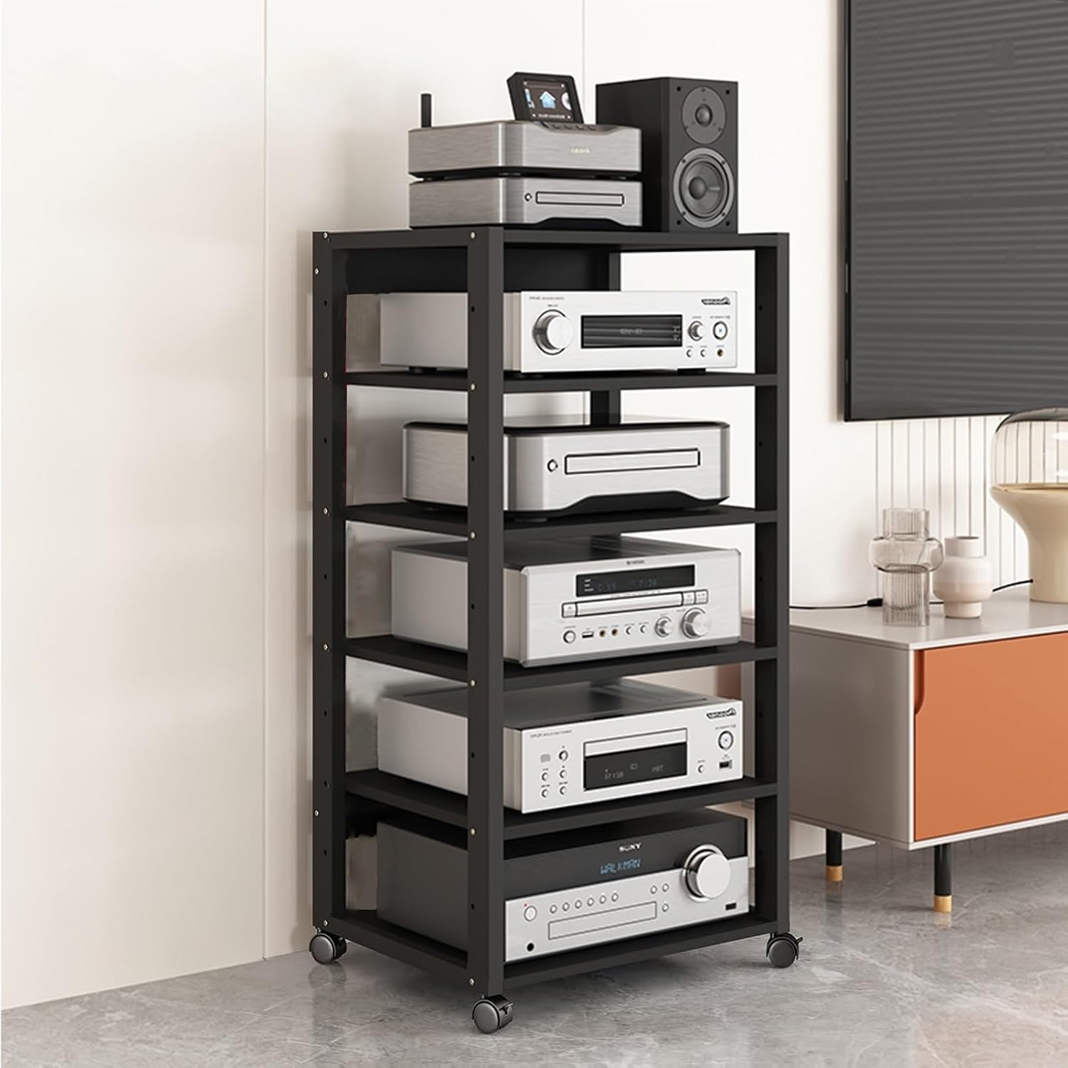 WDJBPSH Home Theater Equipment Storage Rack, 43.3inch Tall Audio-Video Media Stand with Adjustable Shelf & Brake Wheels, Freestanding Corner Entertainment Center(7 Tier - H 131cm/51.5 in)