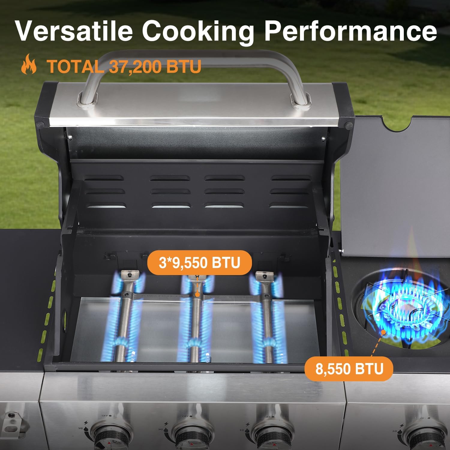 3 Burner Propane Gas Grill, Outdoor BBQ Grill with Side Burner, Barbecue Grill with Cast Iron Grate, Outdoor Gas Grill Cabinet Style Storage, 39000 BTU