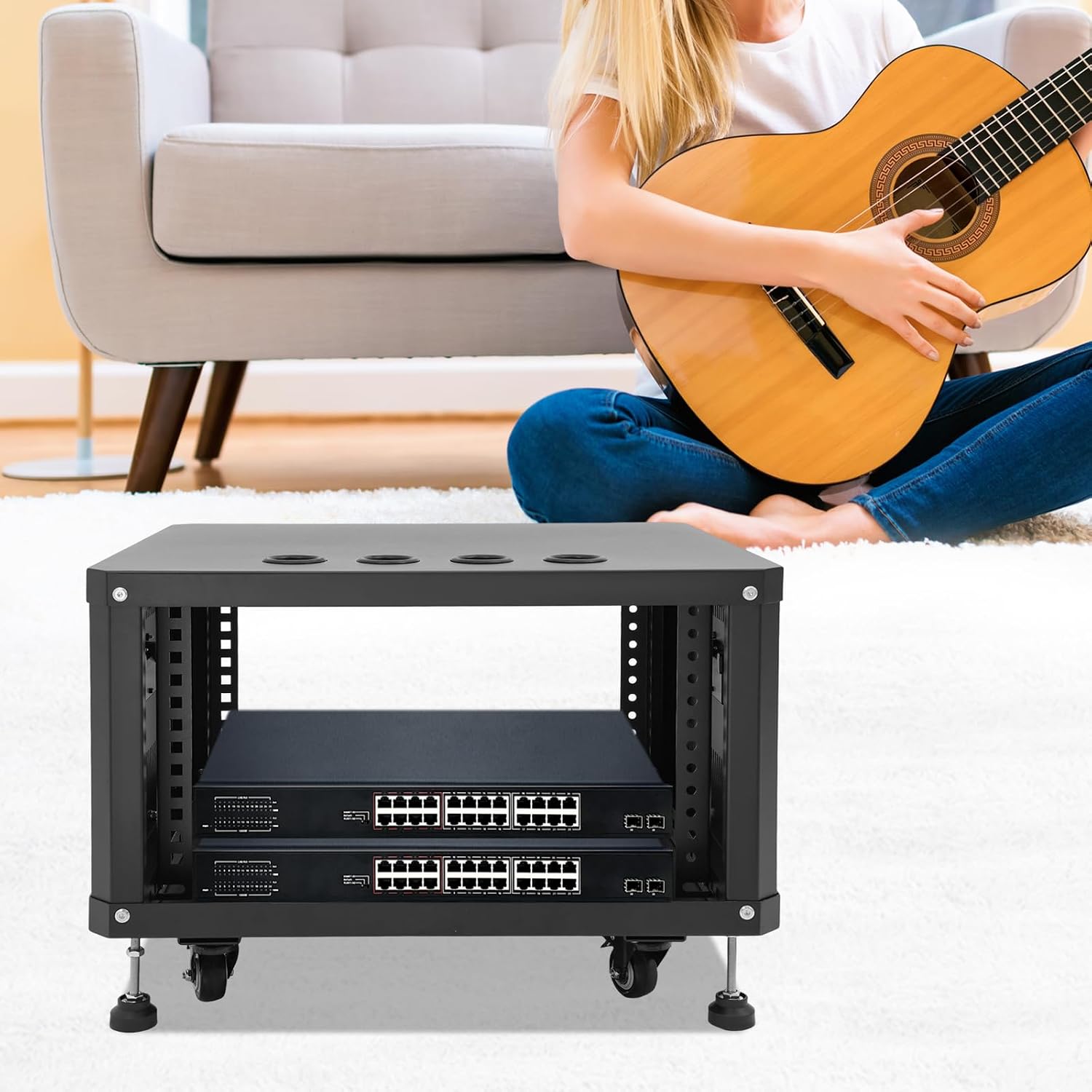6U Network & Stereo Rack, Universal AV Equipment Rack with Caster Wheels, 22-Inch Rolling Open Server Audio Cabinet, AV Rack Stand for Studio, Server, Network Gear, Built-in Ventilation Holes (Black)