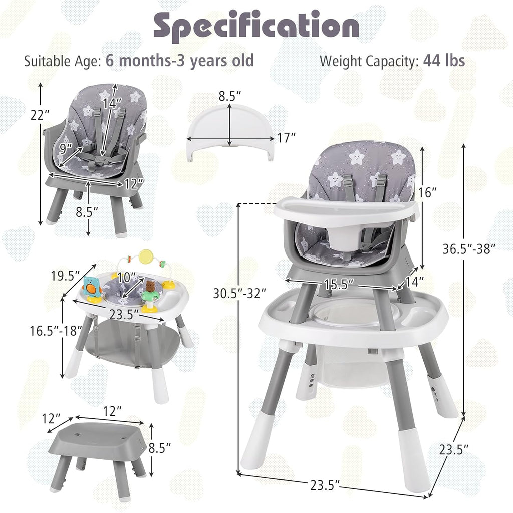 KOTEK 16 in 1 Convertible High Chair, Baby Highchair & Activity Center, Booster Seat, Building Block Table, Toddler Chair with 5-Point Harness, Removable Tray & Cushion (Gray)