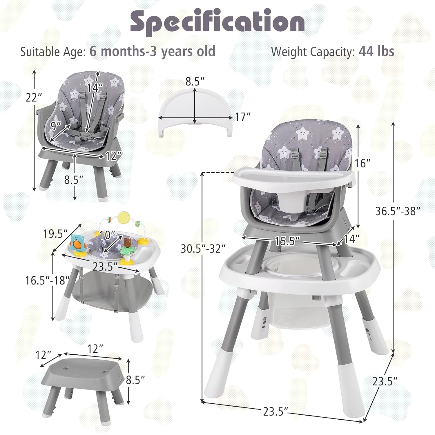 KOTEK 16 in 1 Convertible High Chair, Baby Highchair & Activity Center, Booster Seat, Building Block Table, Toddler Chair with 5-Point Harness, Removable Tray & Cushion (Gray)