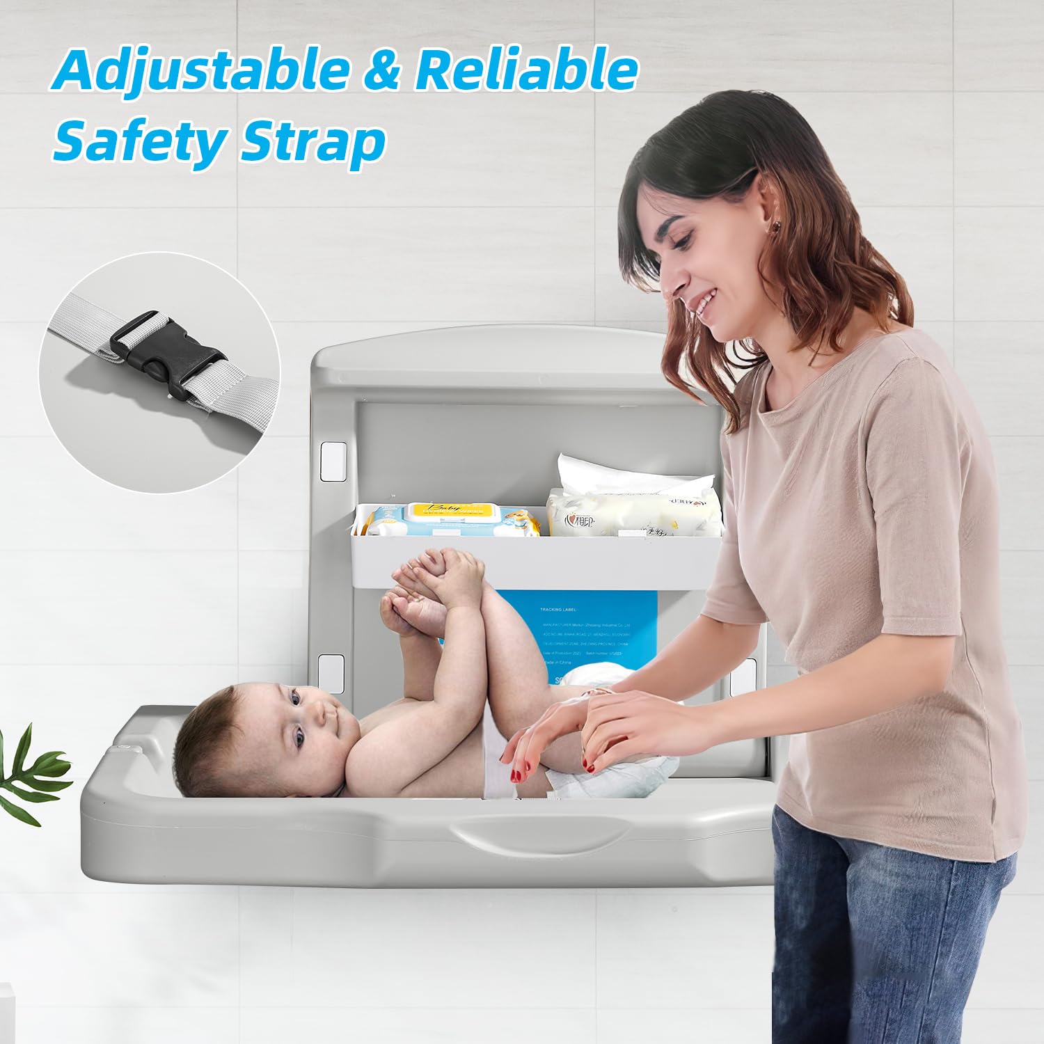 Horizontal Baby Changing Station, Wall Mounted HDPE Fold-Down Diaper Changing Table for Commercial Bathrooms, Daycare, Restaurants & Hotels, Safety Strap, 2 Liner Dispensers, White Granite