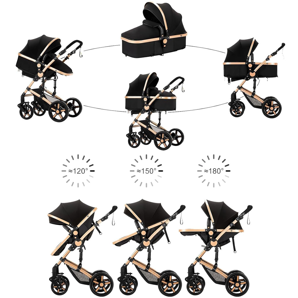 MoLi 2 in 1 Baby Bassinet Stroller, Convertible Foldable Standard Stroller, Reversible Pushchair Infant Buggy Carriage, Portable High Landscape Pram for Toddler Newborn, Aluminum Alloy (2US588-BLACK)