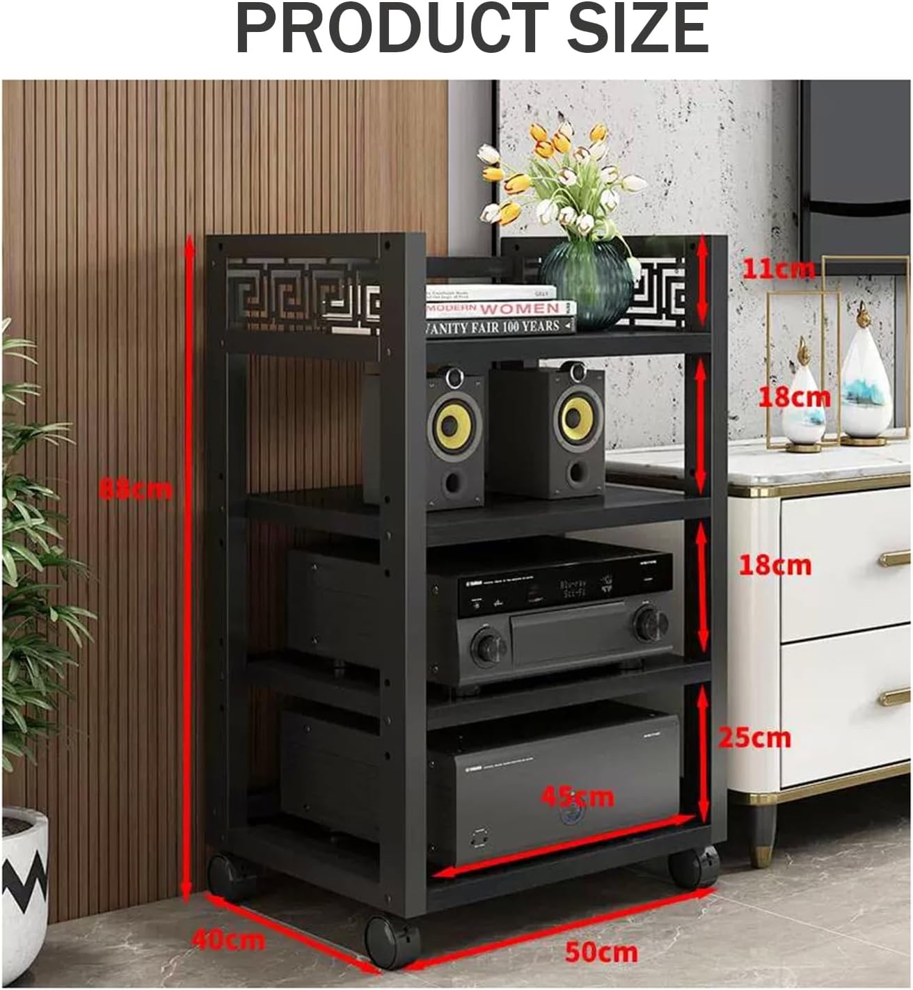 4 Tier Furniture Media Rack DVD CD Player Stand Audio Rack Power Amplifier Equipment Cabinet with Height Adjustable Wooden Shelves Floor Standing Storage Rack(Color-1)