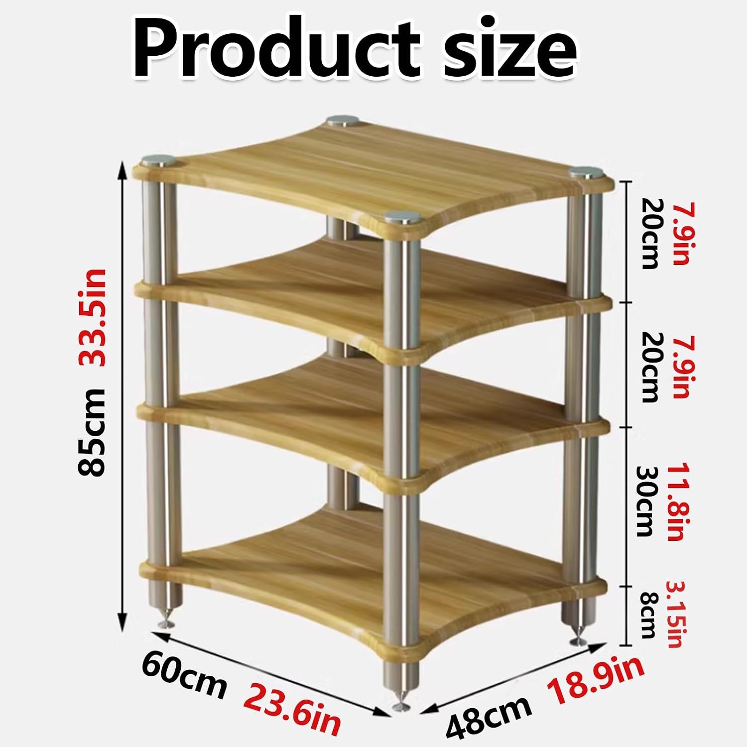 1 2 3 4 Tier Audio Rack, Sturdy AV Media Stand Storage Cabinet Corner Shelf for Stereo, CD Player, Gaming & Home Theater Equipment(Natural,4layer)