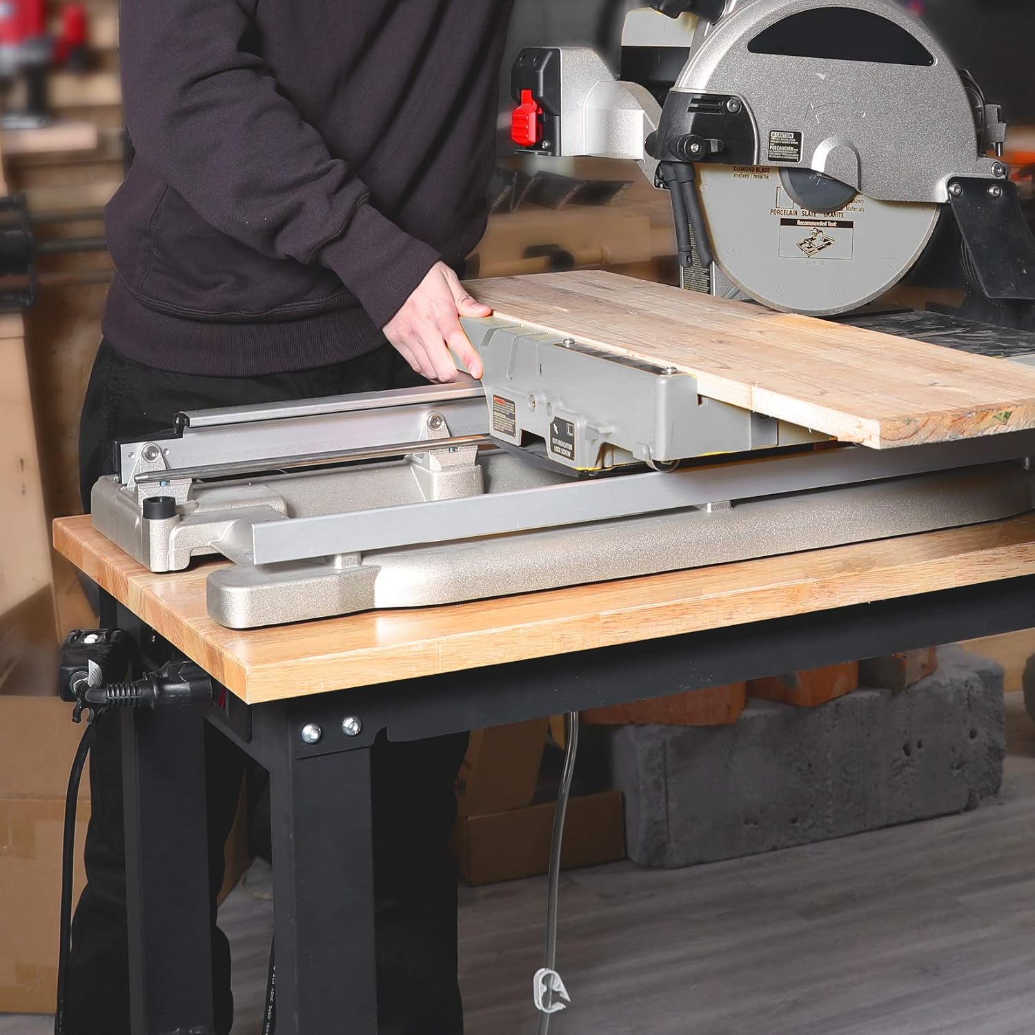 WORKPRO 48' Adjustable Workbench, Rubber Wood Top Heavy-Duty Workstation, 2000 LBS Load Capacity Hardwood Worktable with Power Outlets, for Workshop, Garage