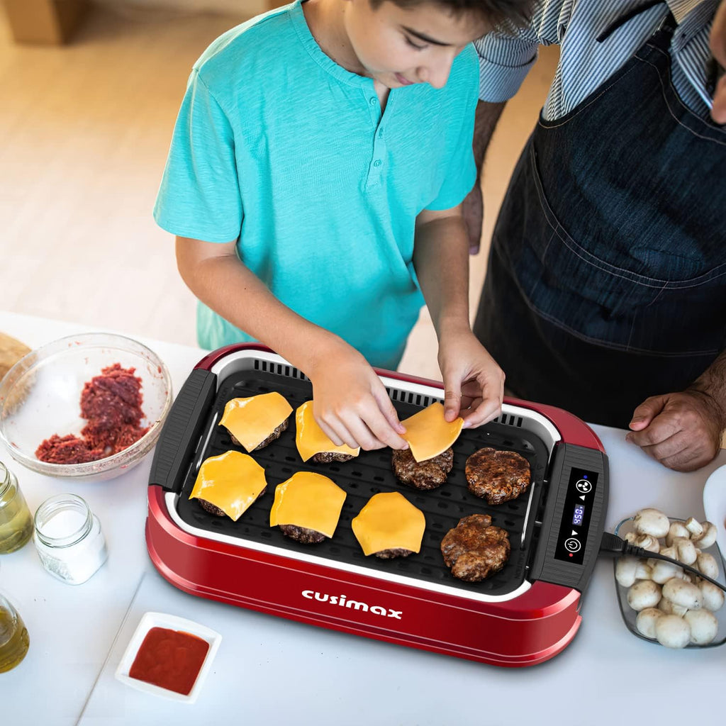 Indoor Grill, CUSIMAX Smokeless Grill Indoor, Electric Griddle, 1500W Korean BBQ Grill with LED Smart Display & Tempered Glass Lid, Non-stick Removable Plate & Griddle Plate, Red