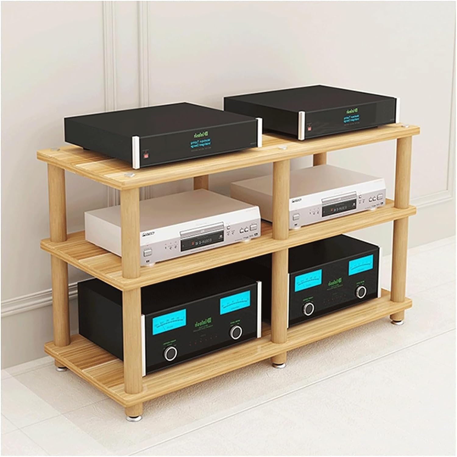 Audio Rack Stereo Rack 2/3/4 Tier Audio Equipment Rack Wooden Audio Rack Cabinet HiFi Rack Double Wide Audio Component Rack Durable(Natural,3 Tier)