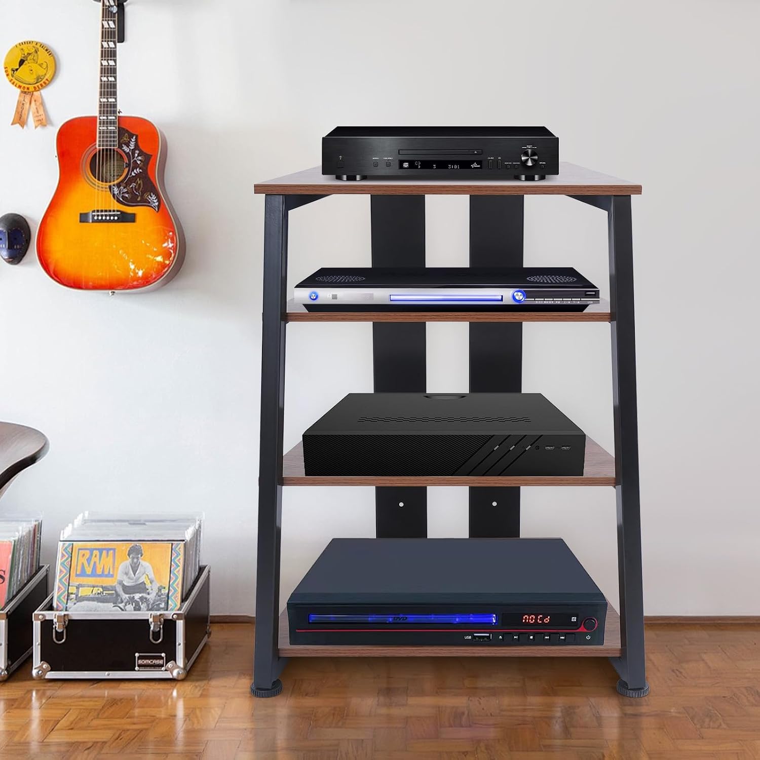 4-Tier AV Media Stand, Corner Shelf Stereo Audio Rack Stand with Adjustable Shelves, 110 lbs Total Capacity, Perfect for Home Theaters, Studios (Brown+Black)