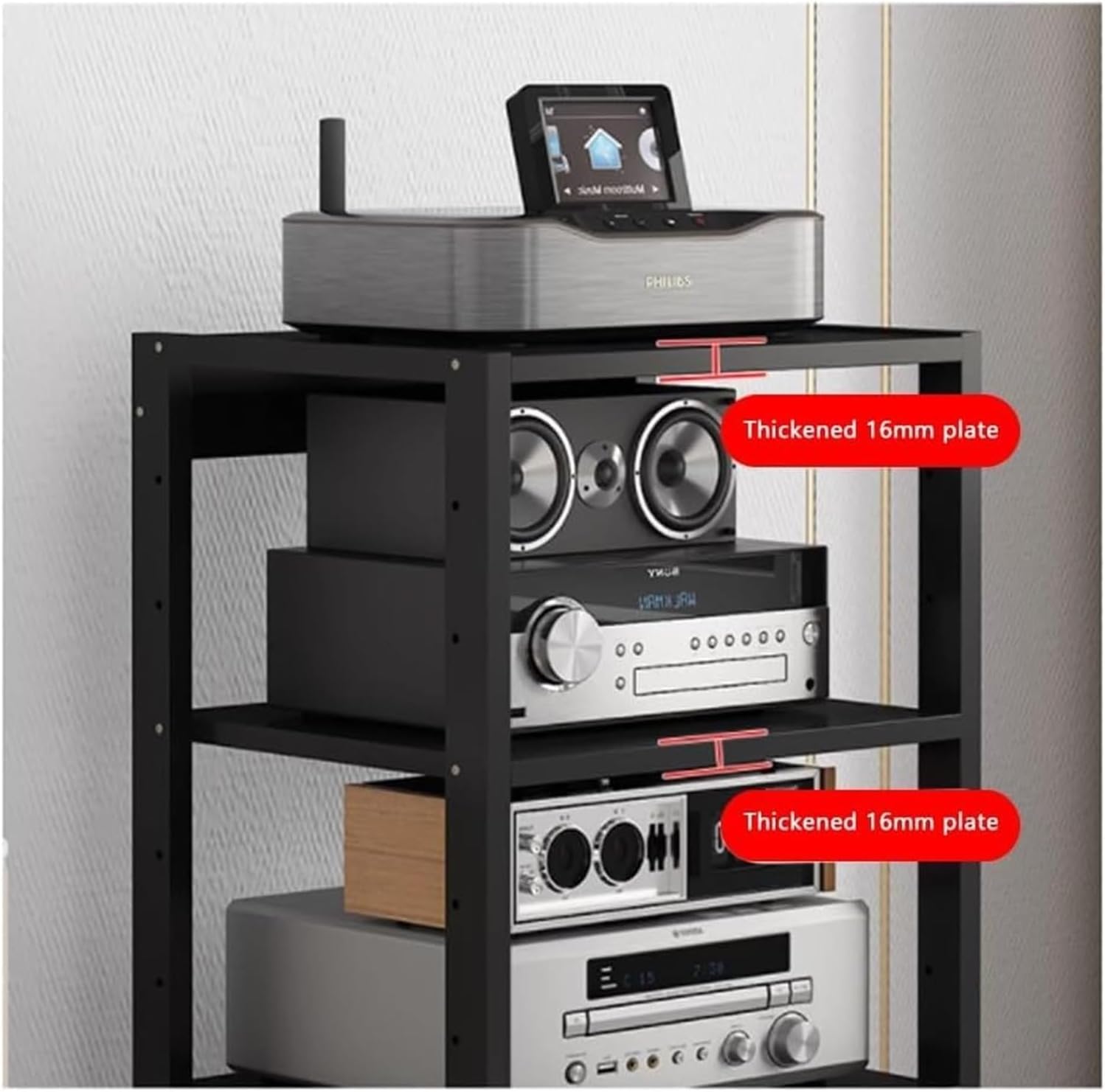 7-Tier HIFI Stand,10cm Height-Adjustable Shelf, Media Tower for Audio Equipment, Streaming Devices Cabinet Audio Rack, Large Capacity Media Storage Rack