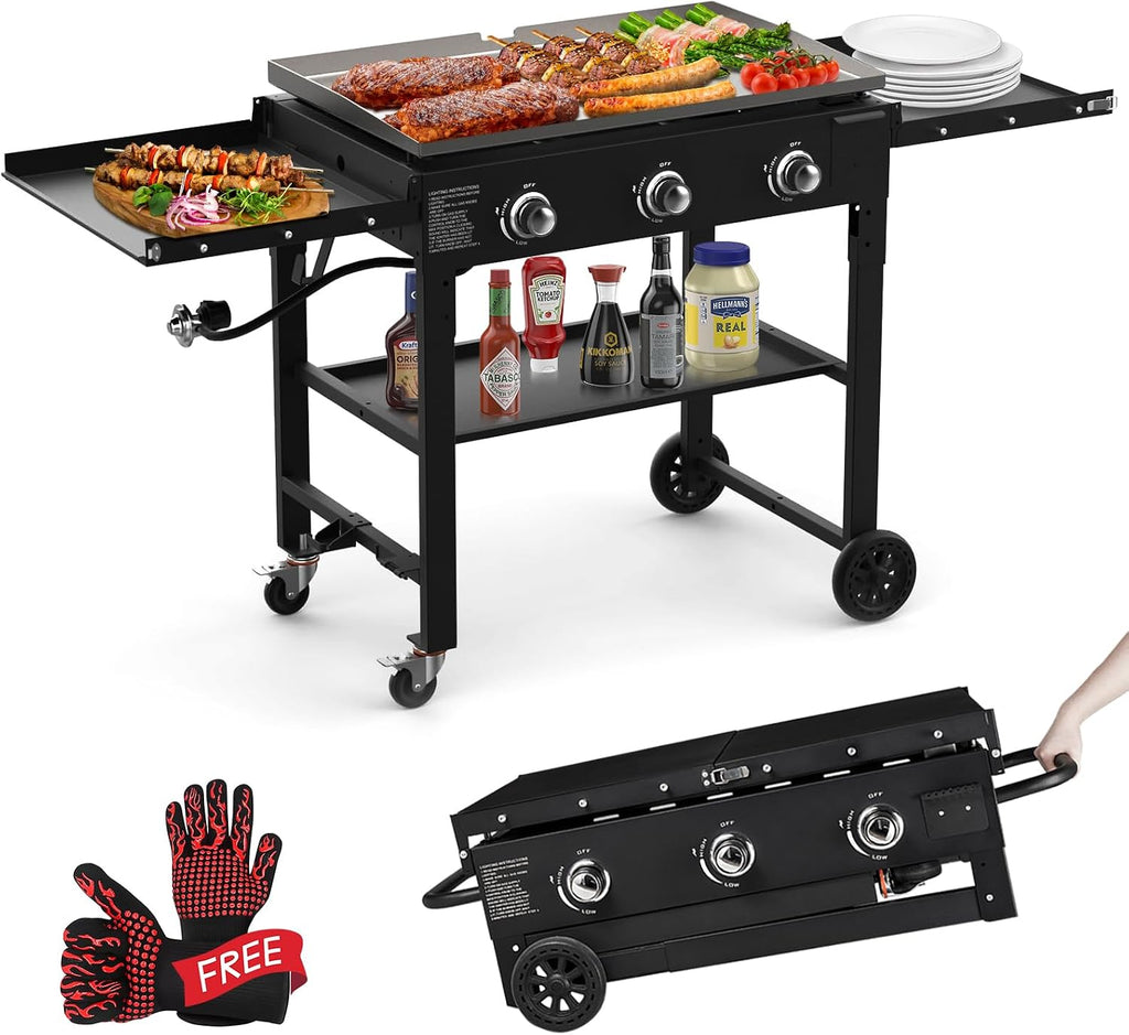 BESTFIRE Foldable Flat Top Grill, Outdoor Griddle-3 Burner Propane Griddle with Two Foldable Shelves,36' Flat Grills Outdoor-45,000 BTU Gas Grill for BBQ& Outdoor Cooking,Black