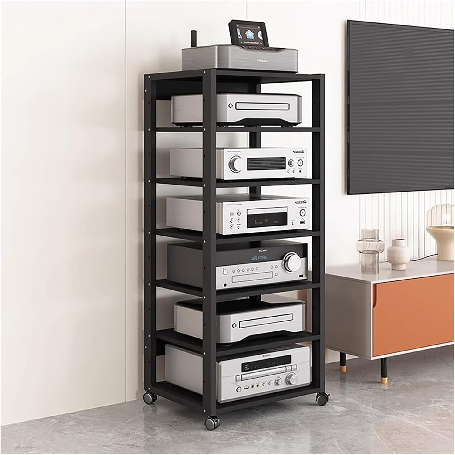 131cm Tall Mobile Stereo Racks and Stands on Wheels Heavy Duty Audio Equipment Rack Cart with Height-Adjustable Shelf, Entertainment Stereo Components Av Media Stand, 7 Tier