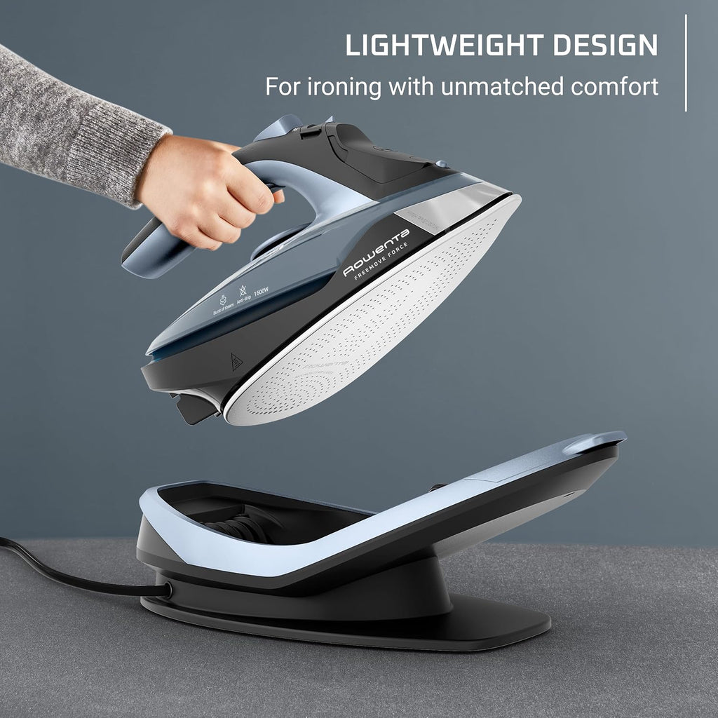 Rowenta Freemove Cordless Iron with Steam, 1600 Watts, Stainless Steel Soleplate, Rapid Heating, Portable Steamer for Clothes, Rechargeable for Wireless Ironing, Handheld Steamer Iron, Blue, DE6730