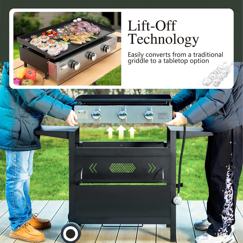 Sophia & William 28-Inch Flat Top Grill with Ceramic Coated Cast Iron Griddle, 3-Burner Propane Gas BBQ Griddle, Portable Outdoor Barbecue Grill,33,000 BTU,Black