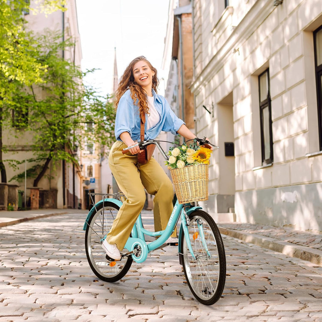 Max4out Women Bike Beach Cruiser Bike for Adult, 24 & 26 Inch Comfort Bikes with Rattan Front Basket, Womens Bicycle with Adjustable Seat and Dual V-Brake (Pink & White & Green & Purple & Black)