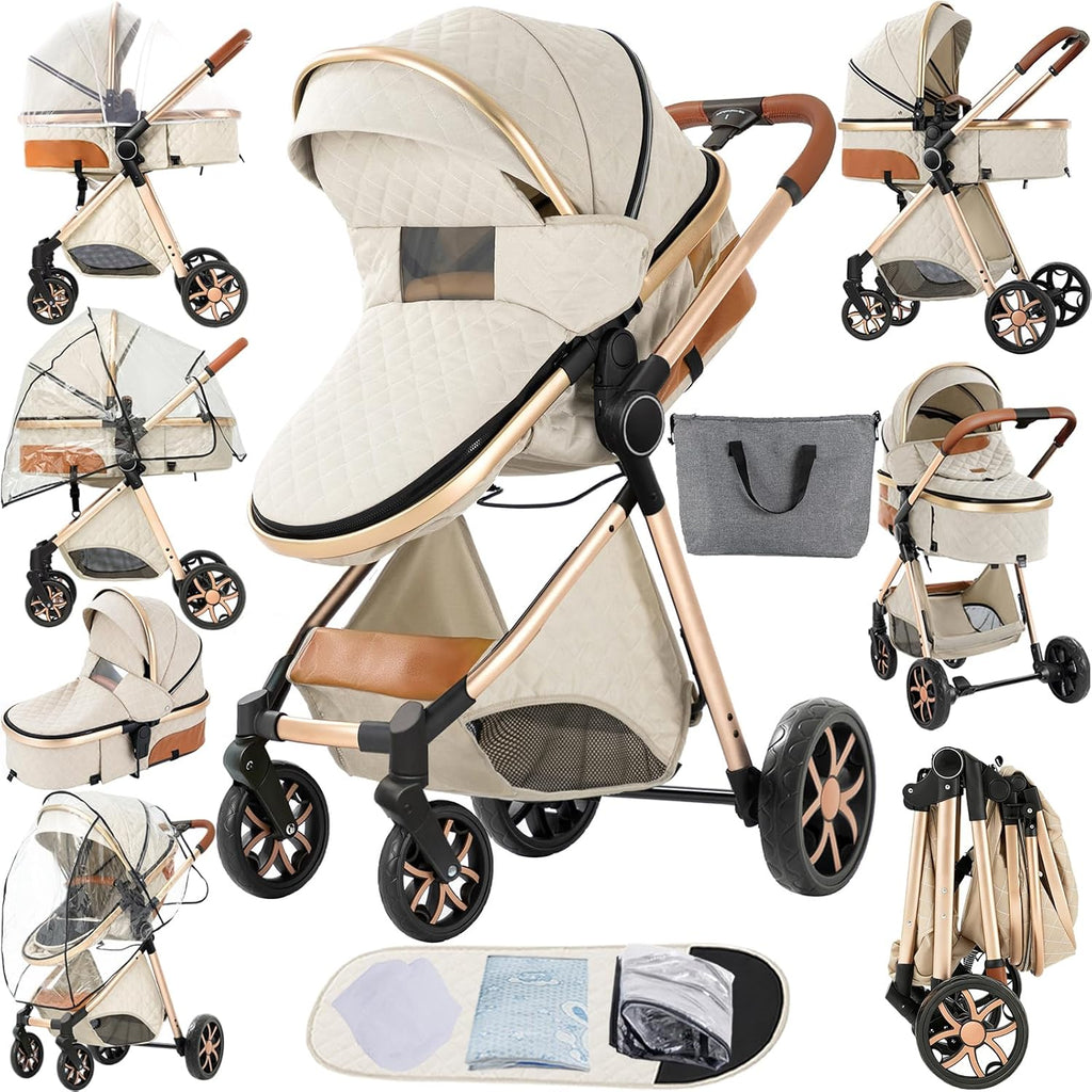 MoLi 2 in 1 Baby Bassinet Stroller, Convertible Foldable Standard Stroller, Reversible Pushchair Infant Buggy Carriage, Portable High Landscape Pram for Toddler Newborn, Aluminum Alloy (2USV9-WHITE)