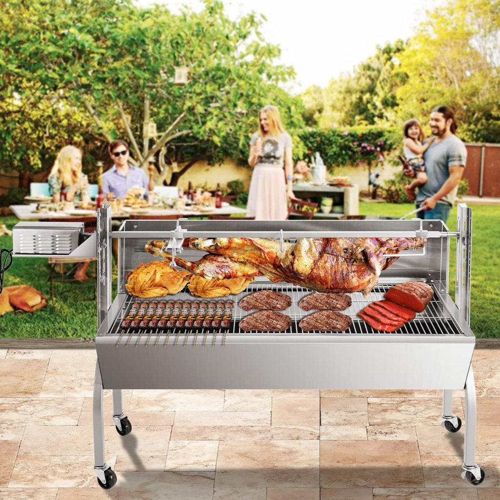 Rotisserie Grill Stainless Steel Charcoal Spit Roaster, 50' Pig Lamb Hooded Roaster Charcoal Spit with 30W Motor & Adjustable Height Lockable Casters for Outdoor Camping Party, Rated 150 LB