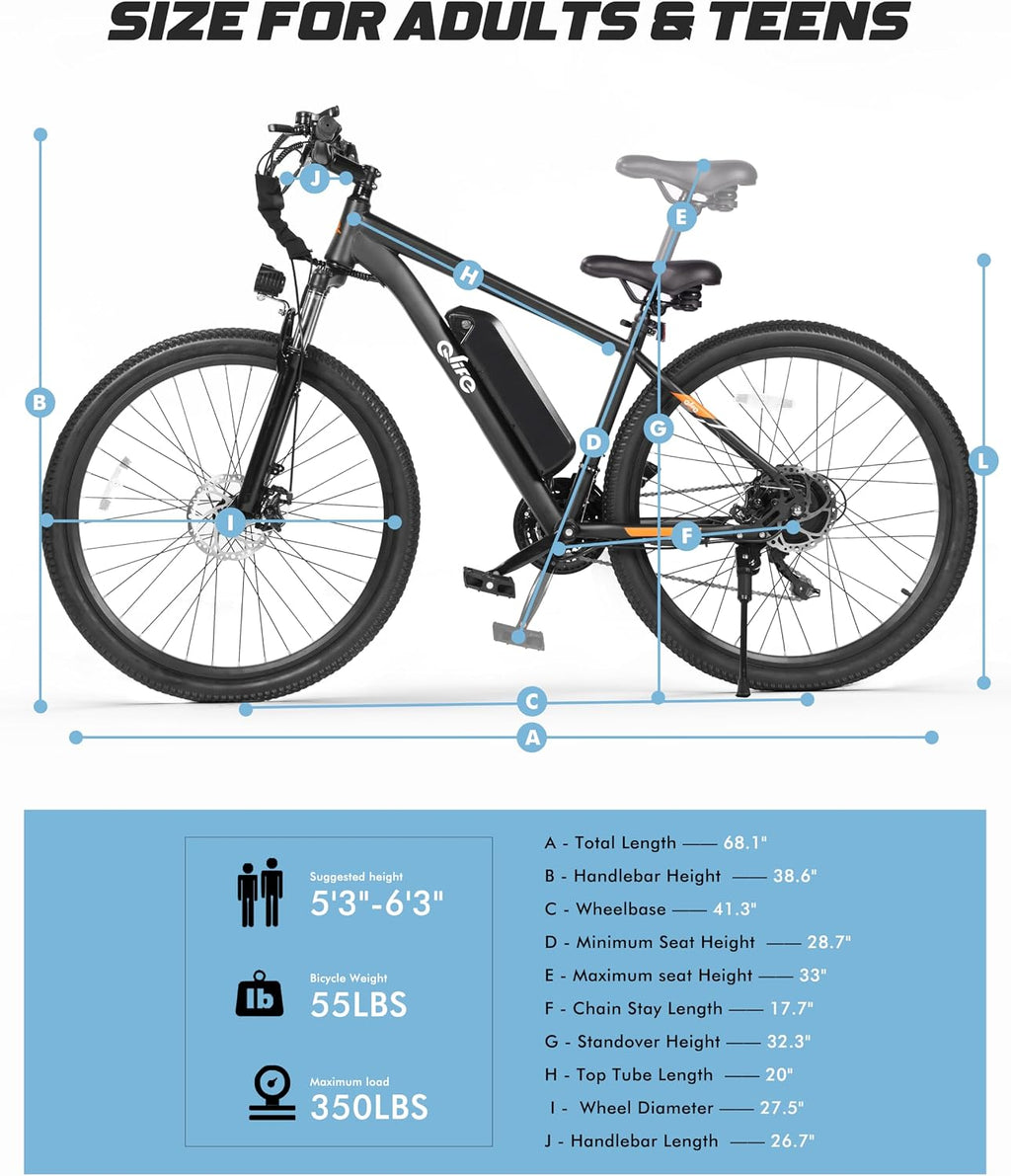 Qlife Electric Bike for Adults/Teens Racer-28MPH 21-Speed Peak 1200W Brushless Motor Adult Electric Bicycles, 48V 10.4Ah Removable Battery Mountain Ebike, Up to 55 Miles, 27.5X2.1 Tire E Bike