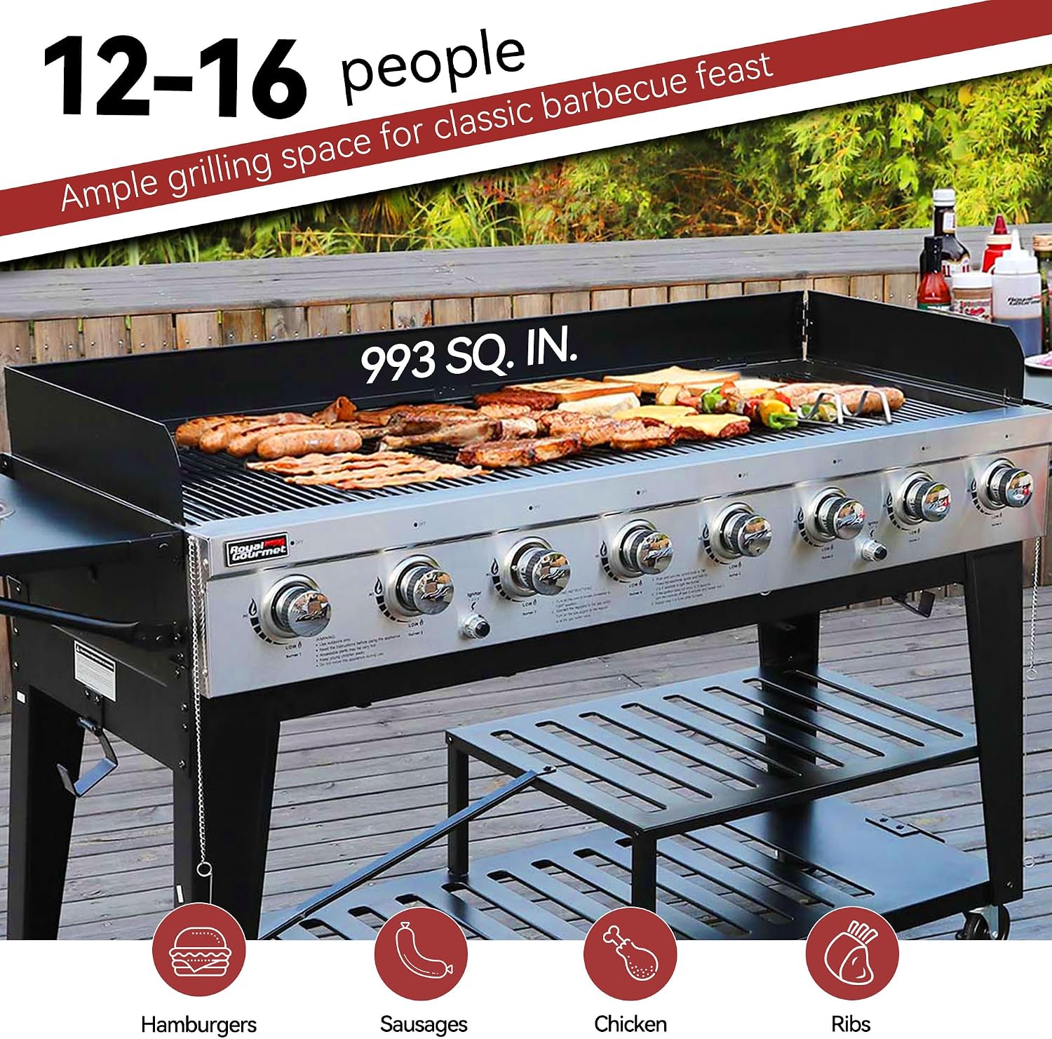 Royal Gourmet 8-Burner Gas Grill, 104,000 BTU Liquid Propane Grill, Independently Controlled Dual Systems, Outdoor Party or Backyard BBQ, Black