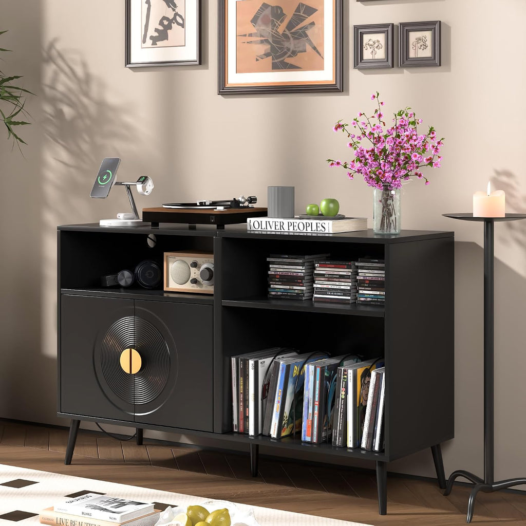 Fiogmub Large Record Player Stand, Mid Century Turntable Stand with Door, Record Player Table Holds Up to 350 Albums,Vinyl Display Shelf for Living Room