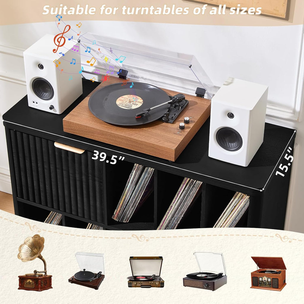 LEYAOYAO Large Record Player Stand with Vinyl Storage Up to 450 Albums, Wood Fluted Boho Record Storage Accent Cabinet, Modern Stereo Media Cabinets, Wide Turntable Stand for Living Room, Black Oak