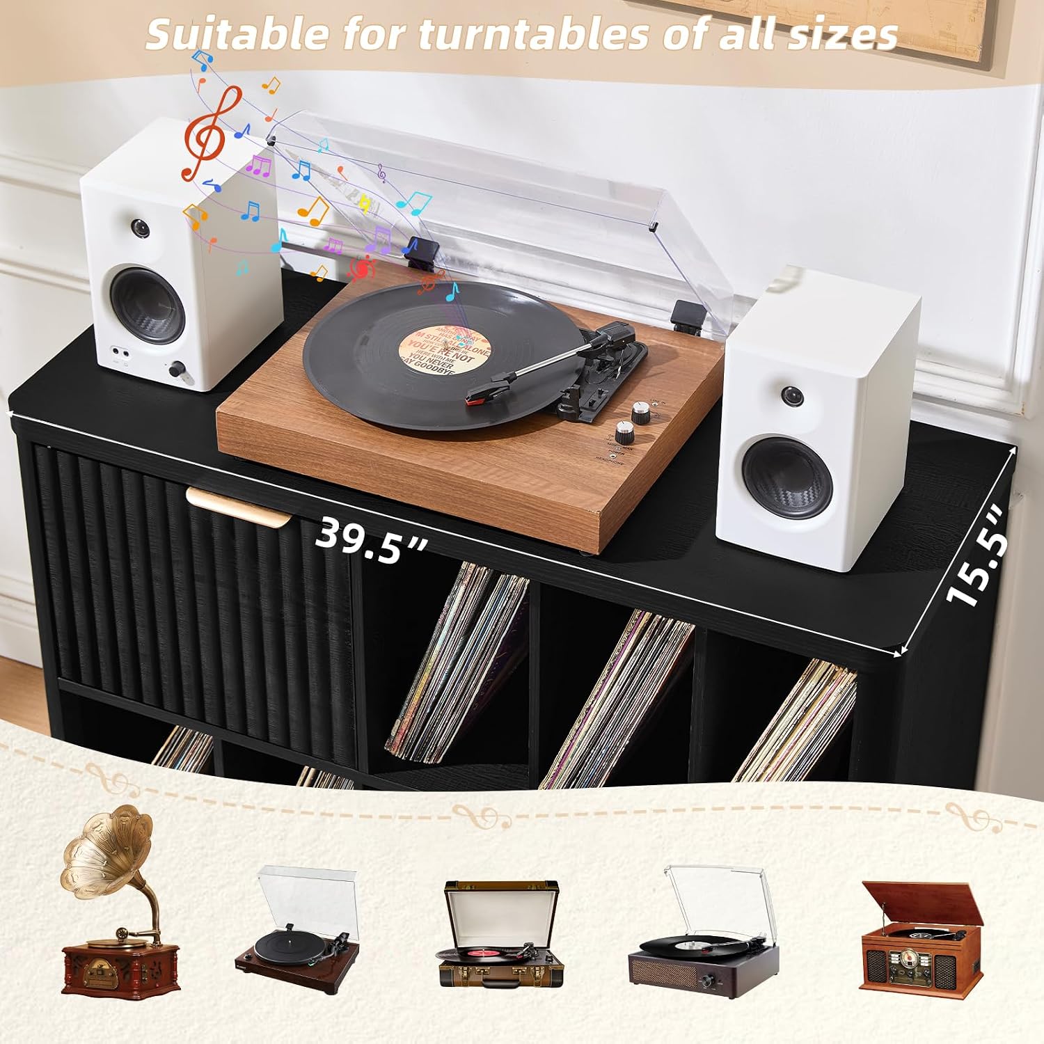 LEYAOYAO Large Record Player Stand with Vinyl Storage Up to 450 Albums, Wood Fluted Boho Record Storage Accent Cabinet, Modern Stereo Media Cabinets, Wide Turntable Stand for Living Room, Black Oak