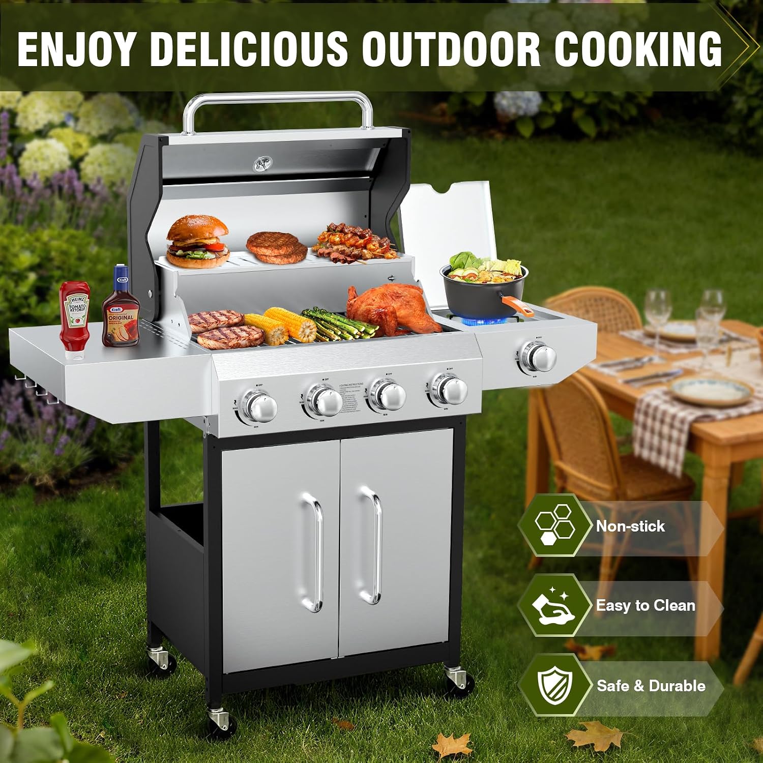 BESTFIRE 60,000 BTU 4+1 Burner Propane Gas Grill - 647 sq. inches Stainless Steel Outdoor BBQ with Porcelain-Enameled Cast Iron Grates, Side Burner & Storage Cabinet for Patio and Backyard Cooking
