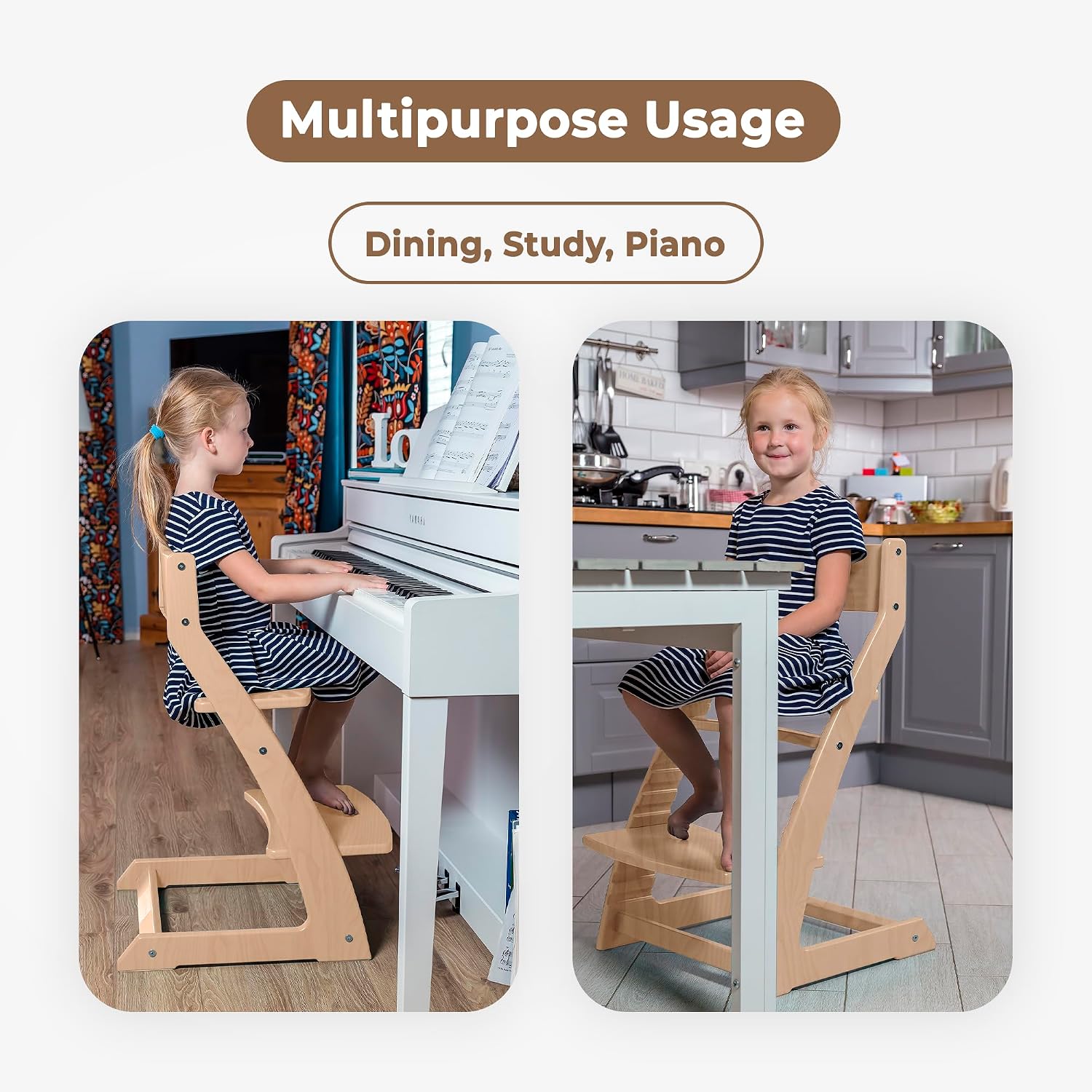 FORNEL Scandinavian Wooden High Chair for Toddlers & Kids | Adjustable Grow-with-Me Montessori Seat for Dining Table | Natural Wood Finish Convertible Highchair